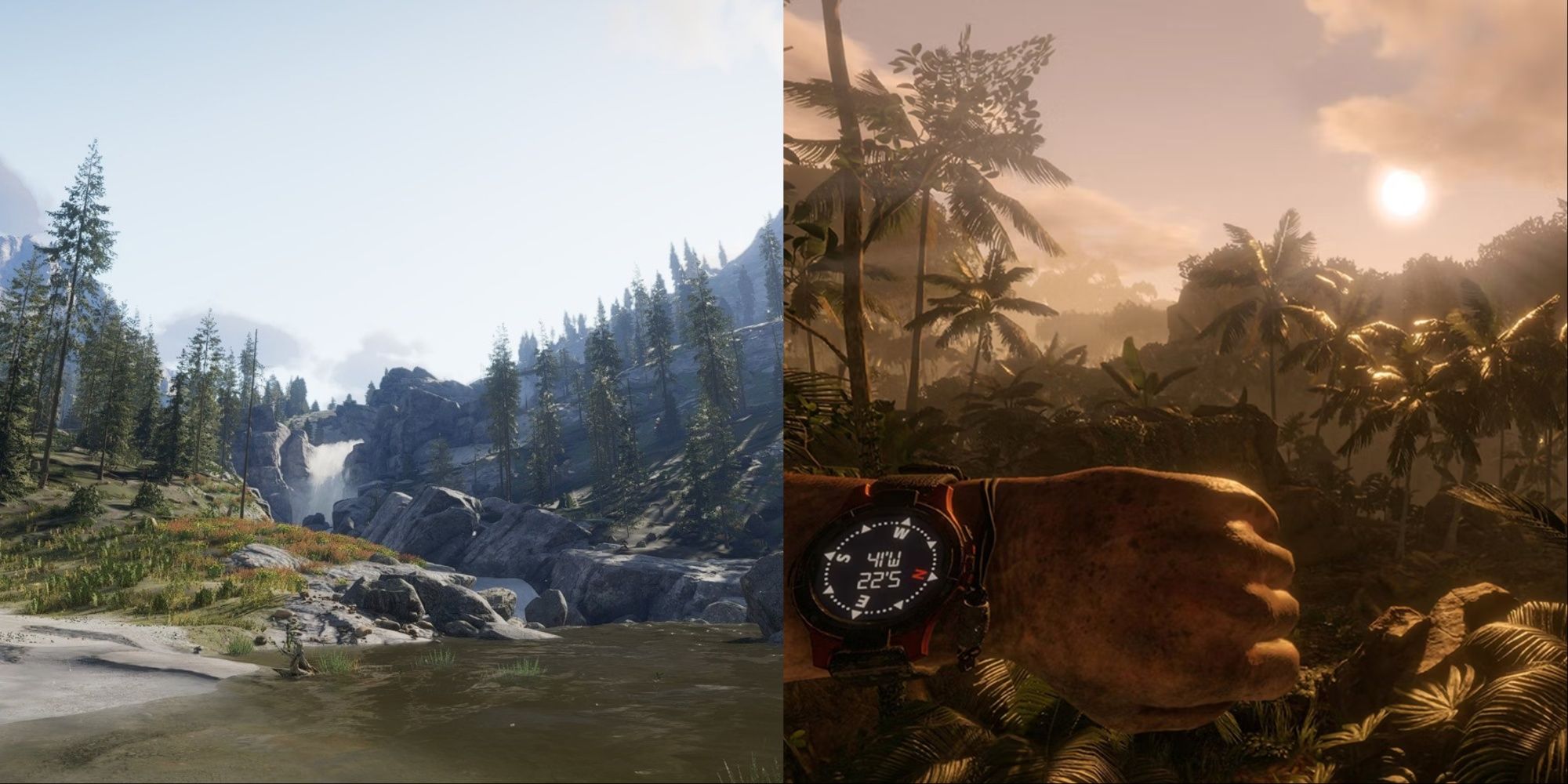 split image cotw the angler waterfall, compass at sunset green hell