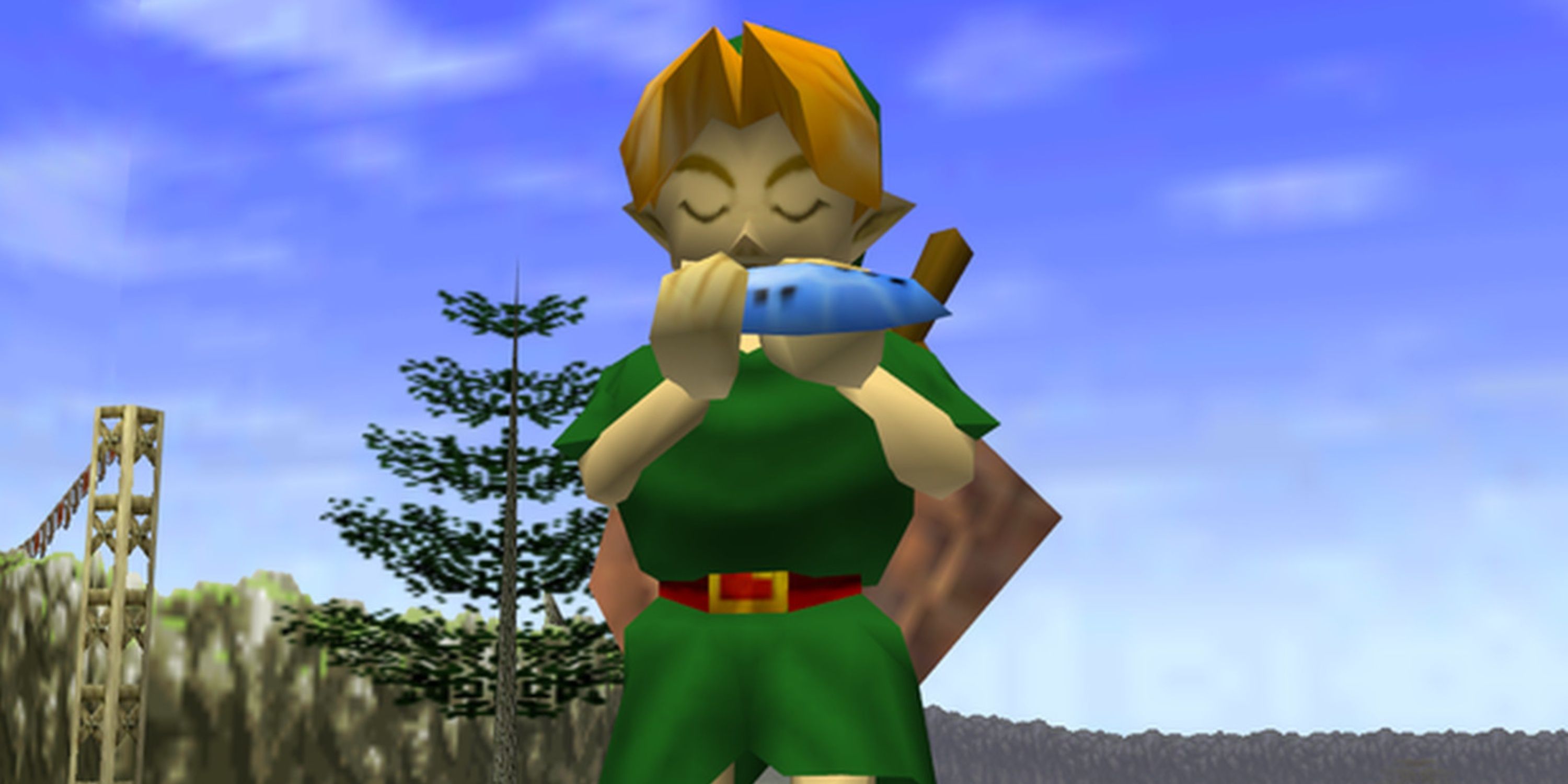 Young Link playing the ocarina in Ocarina of Time.