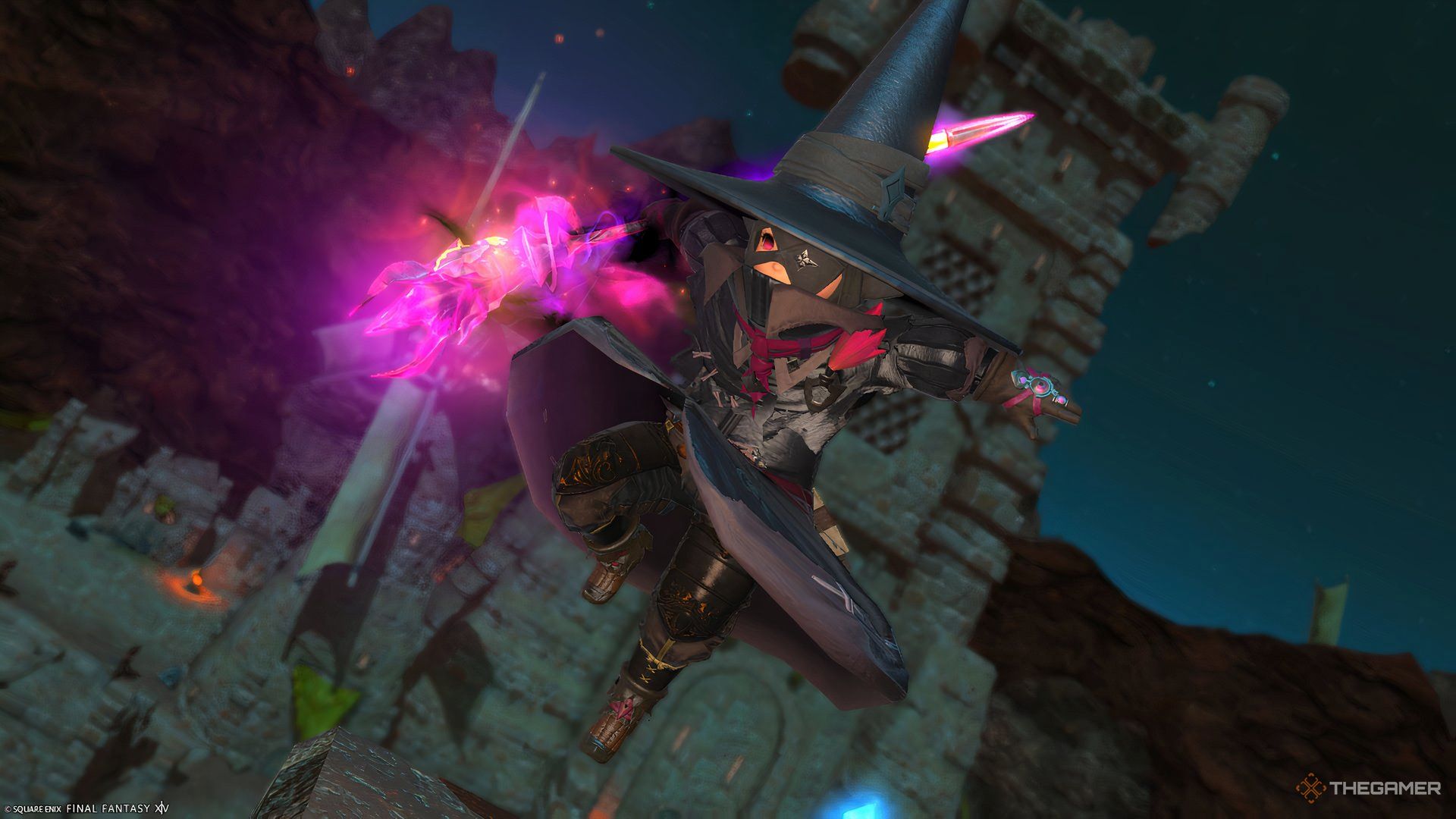 Black Mage jumping from the top of a building in Final Fantasy 14