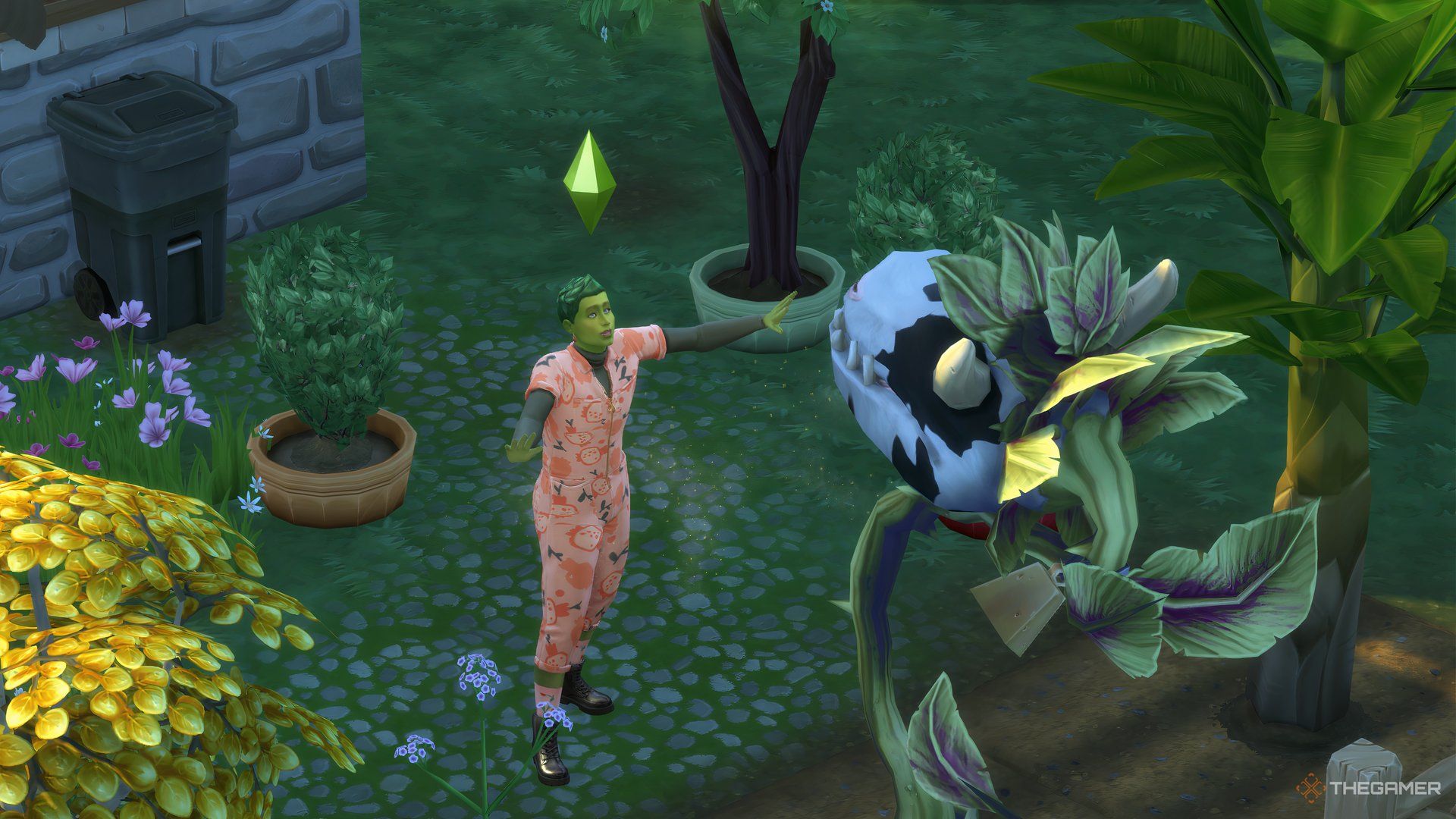 A PlantSim is playing with a cowplant with his arms outstretched in the garden.