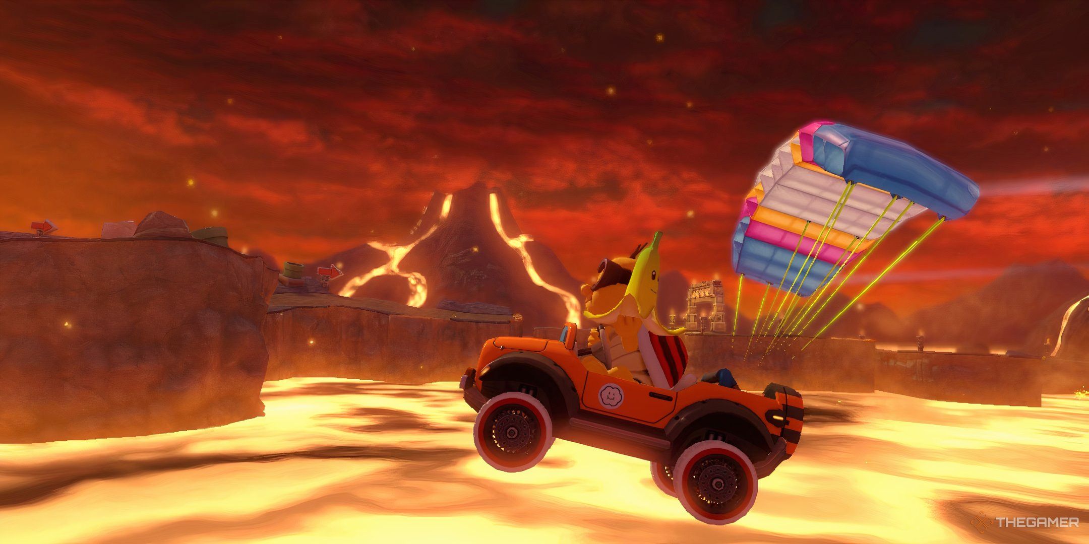 Lakitu driving through Grumble Volcano in Mario Kart 8. 