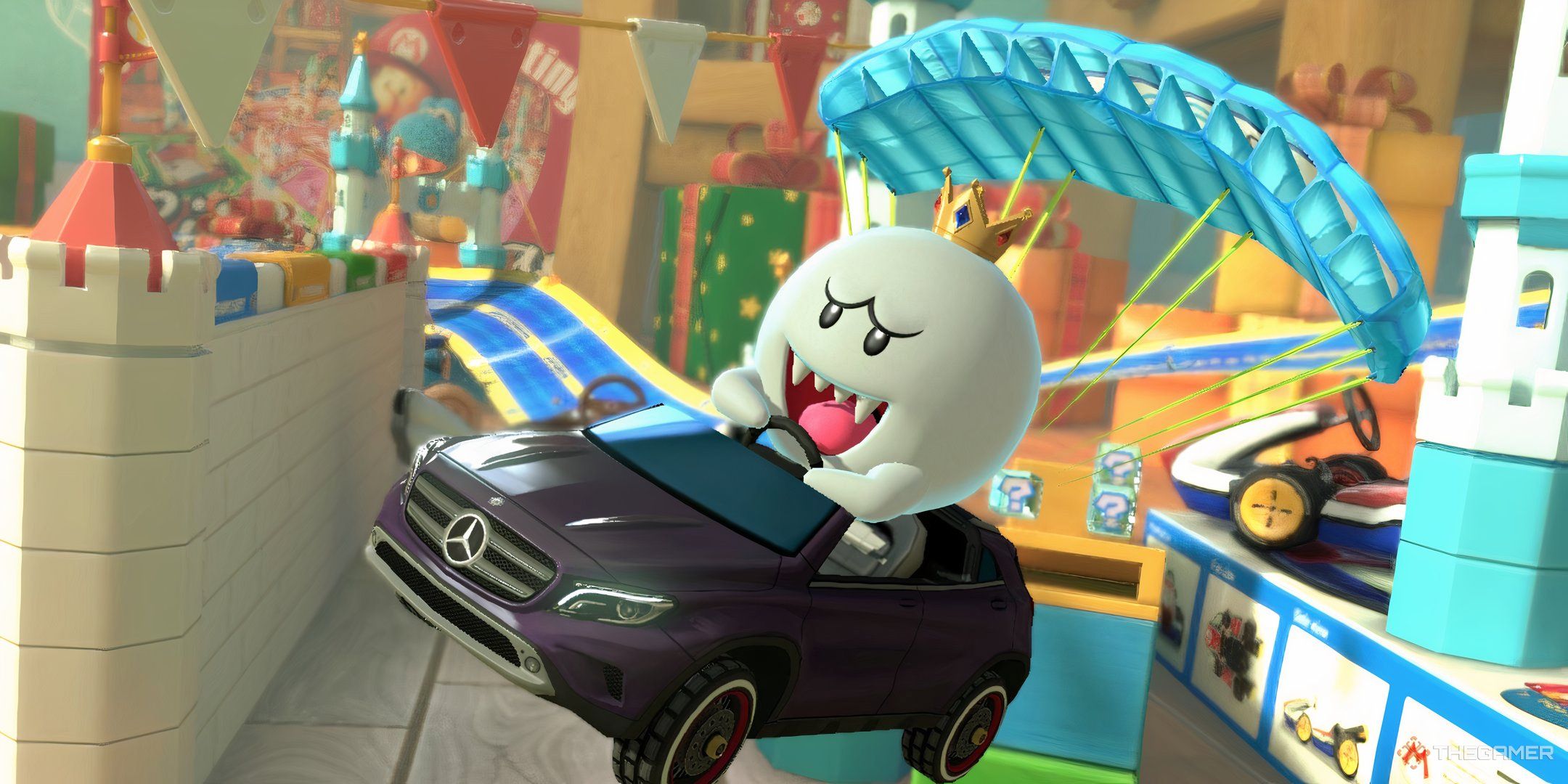 King Boo drives through a colorful course in Mario Kart 8.