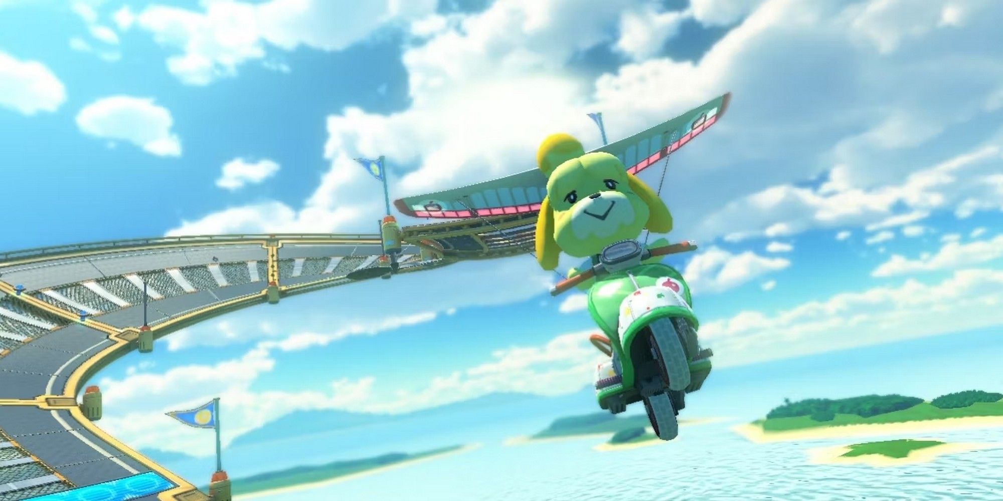 Isabelle on a bike in Mario Kart 8. 