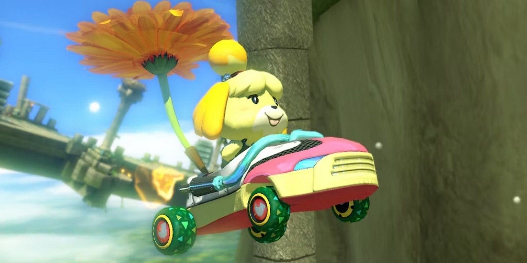 Isabelle in a shoe-themed kart in Mario Kart 8. 