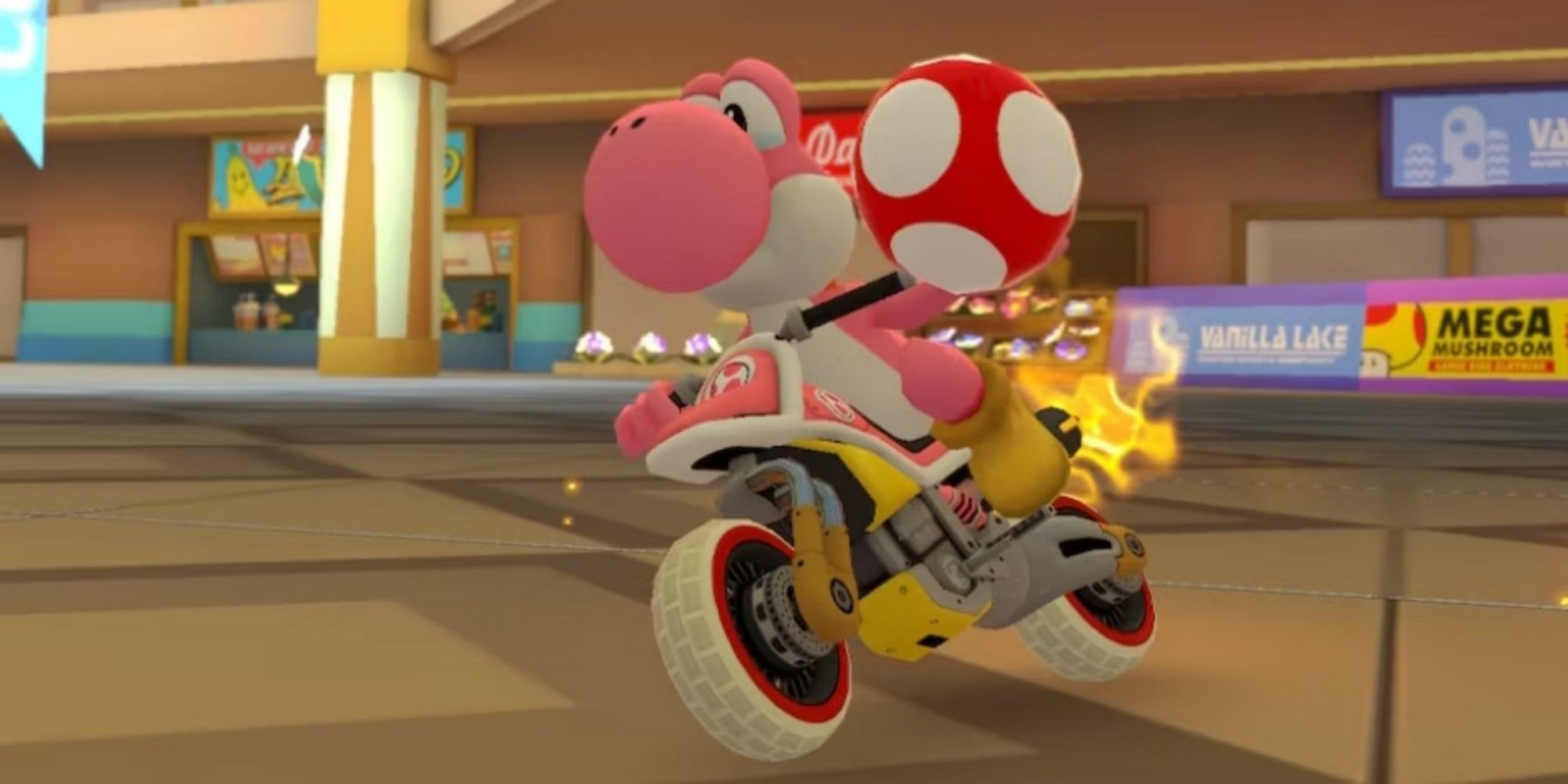 Yoshi holding a mushroom on a kart in Mario Kart 8. 