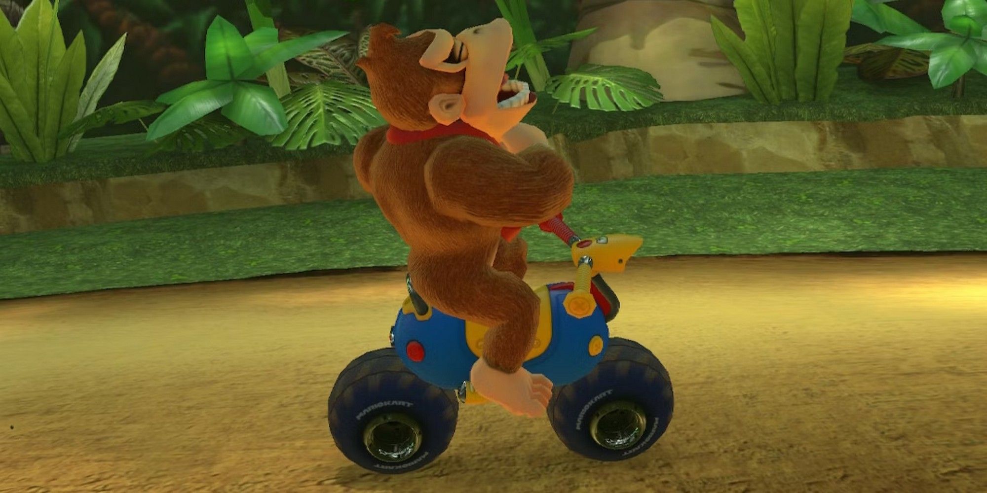 Donkey Kong on a blue bike in Mario Kart 8. 