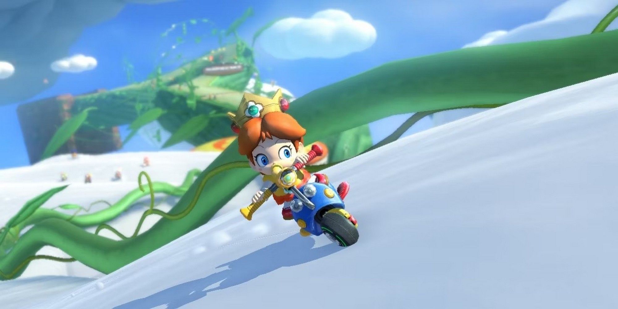 Baby Daisy on a cloudtop course in Mario Kart 8. 