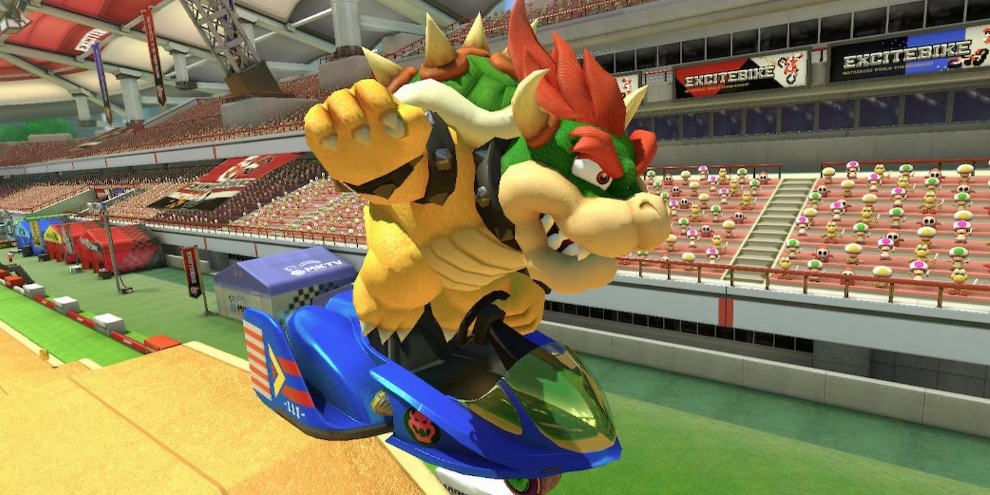 Bowser on a Captain Falcon Kart in Mario Kart 8. 