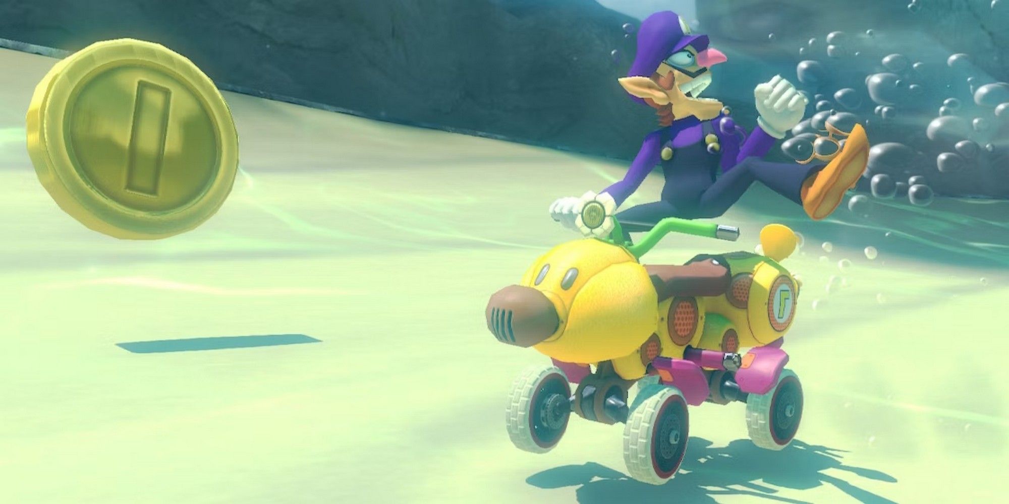 Waluigi on wiggler in Mario Kart 8 underwater. 