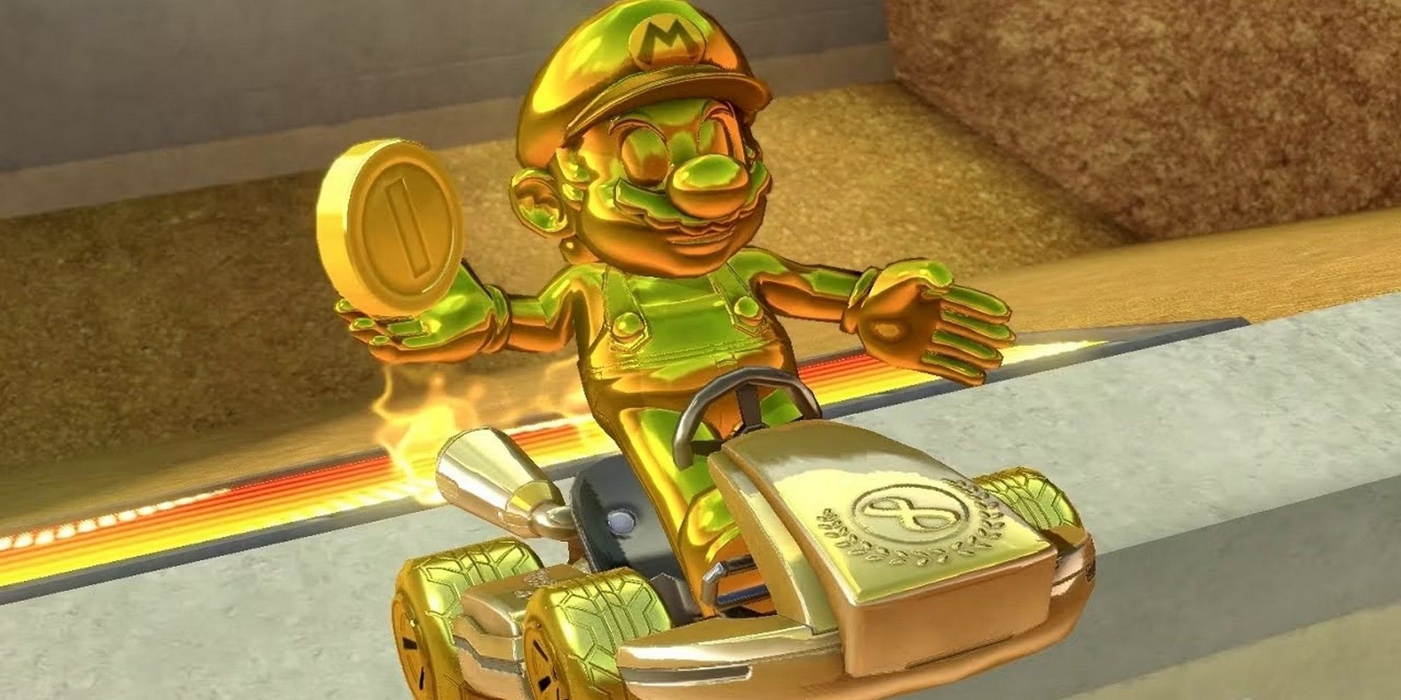 Solid gold Mario on a golden kart in Mario Kart 8. 