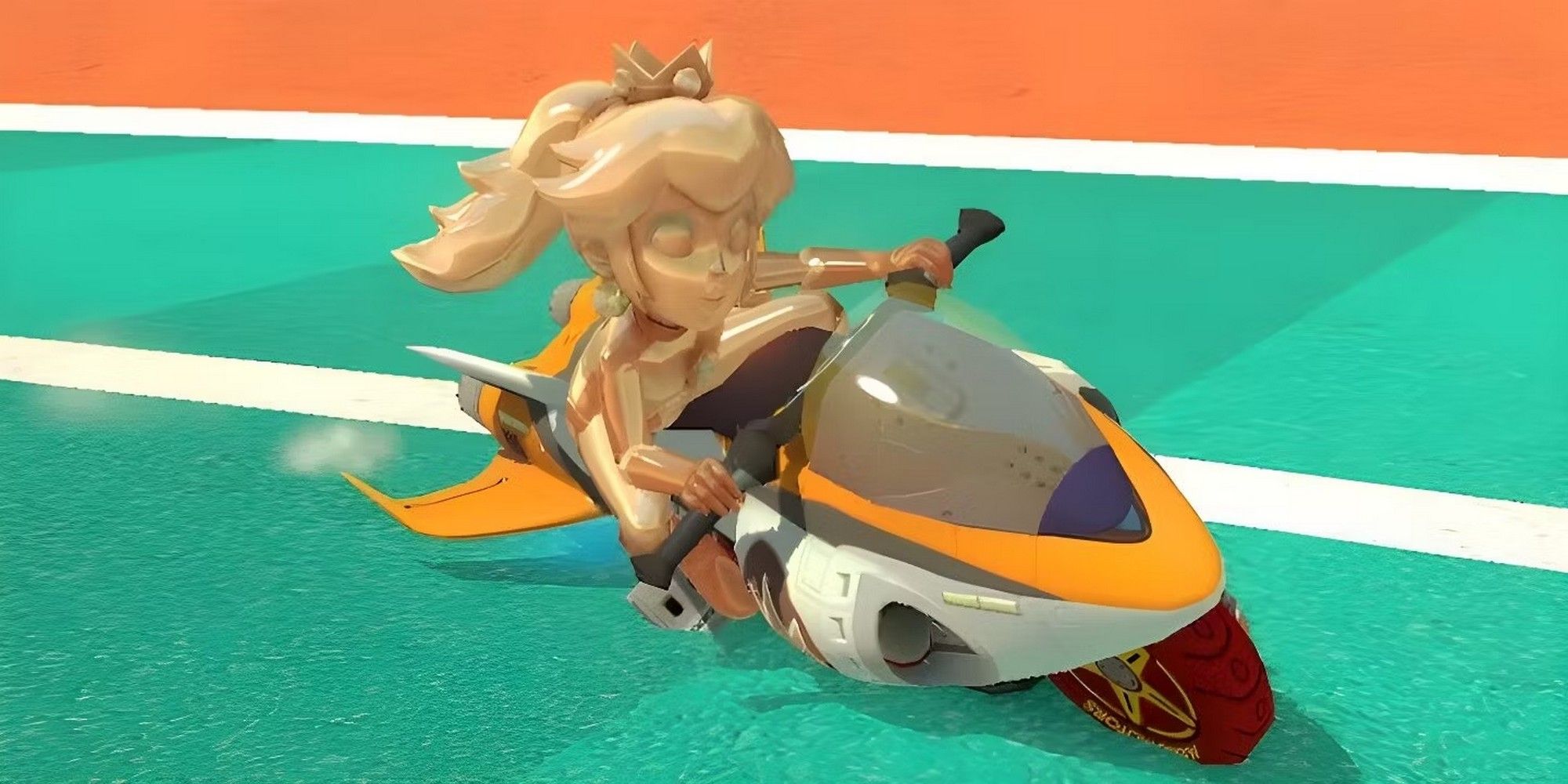 Pink Gold Peach on a bike in Mario Kart 8. 