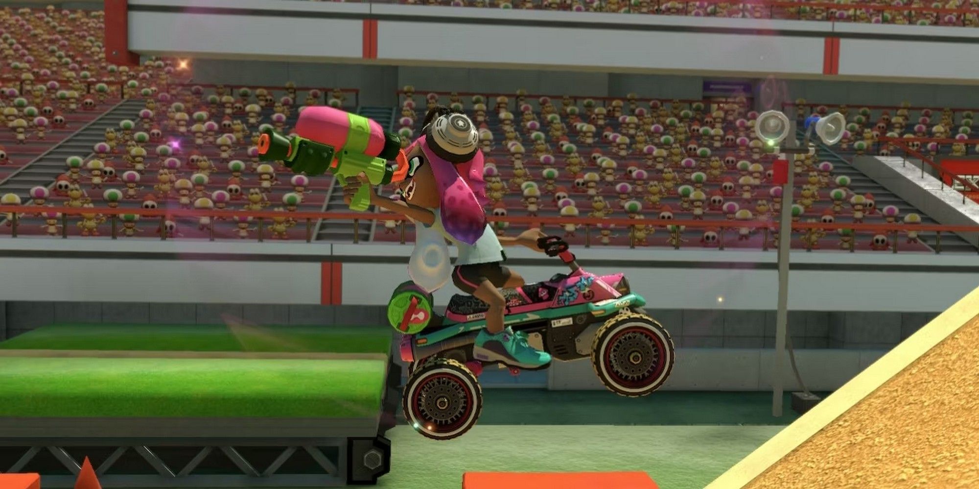 Inkling girl on splat buggy jumping through the air. 