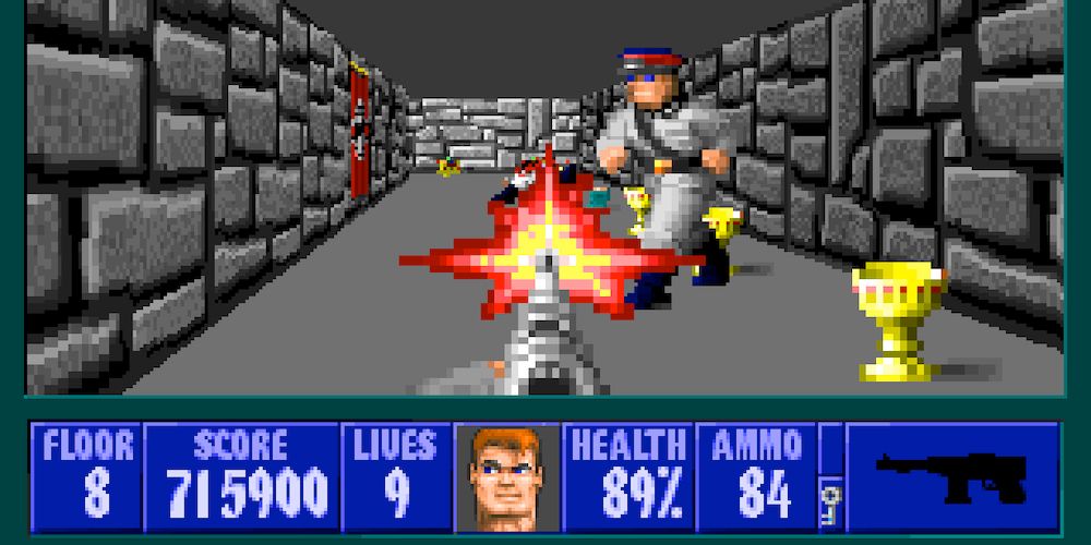 Wolfenstein 3D screenshot of player shooting at Nazis.