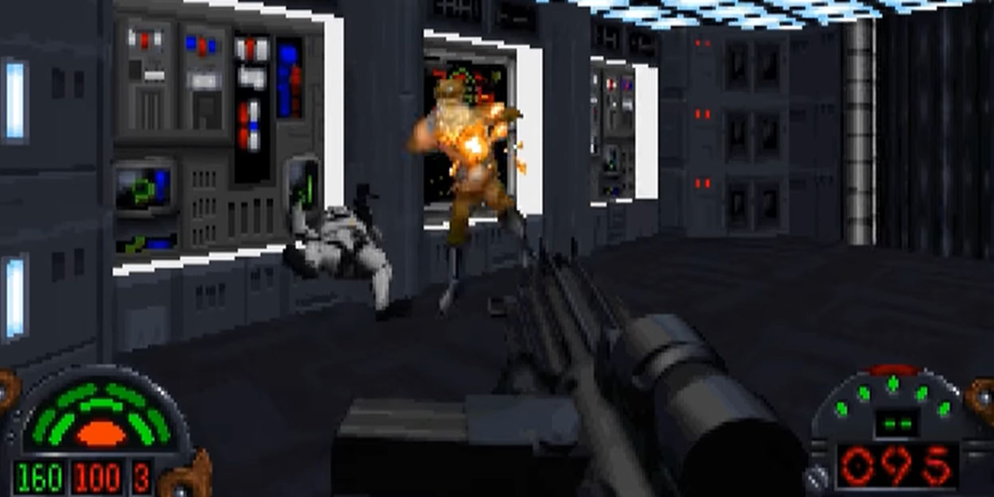 Kyle Katarn shoots a stormtrooper in Star Wars: Dark Forces.