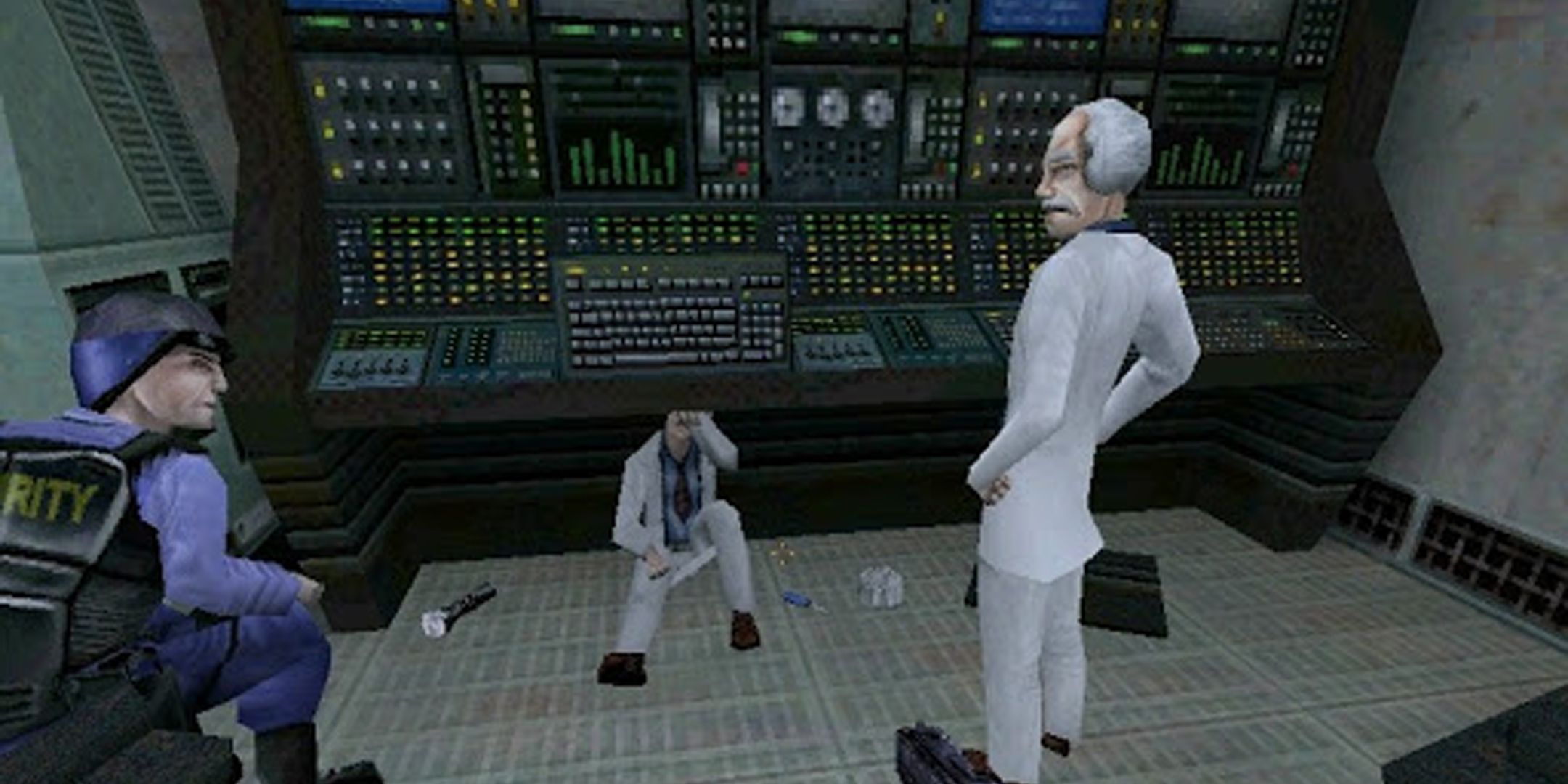 Half-Life Blue Shift scientist fixing big computer.