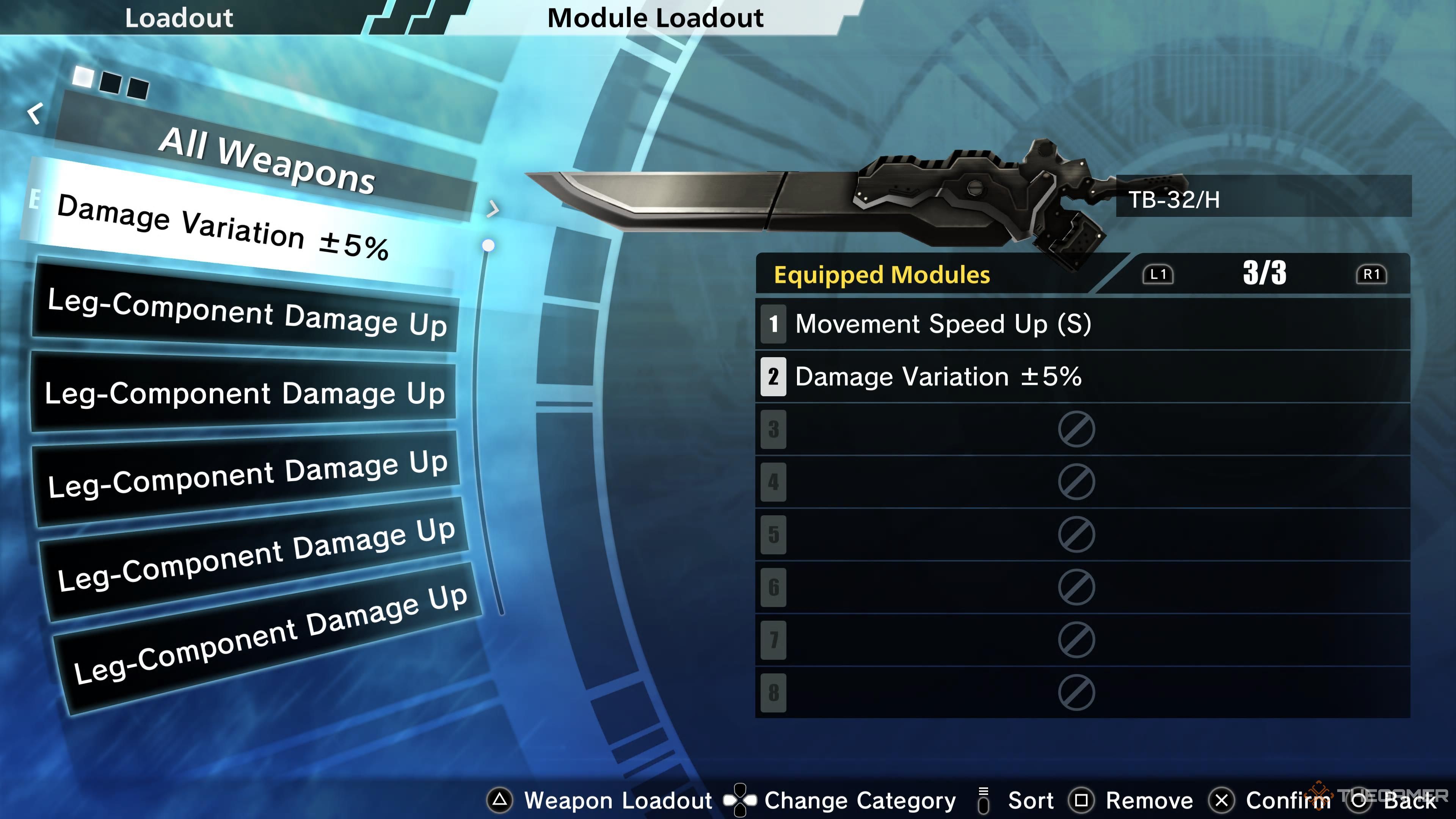 The TB-32/H equipped with two modules in Freedom Wars Remastered.