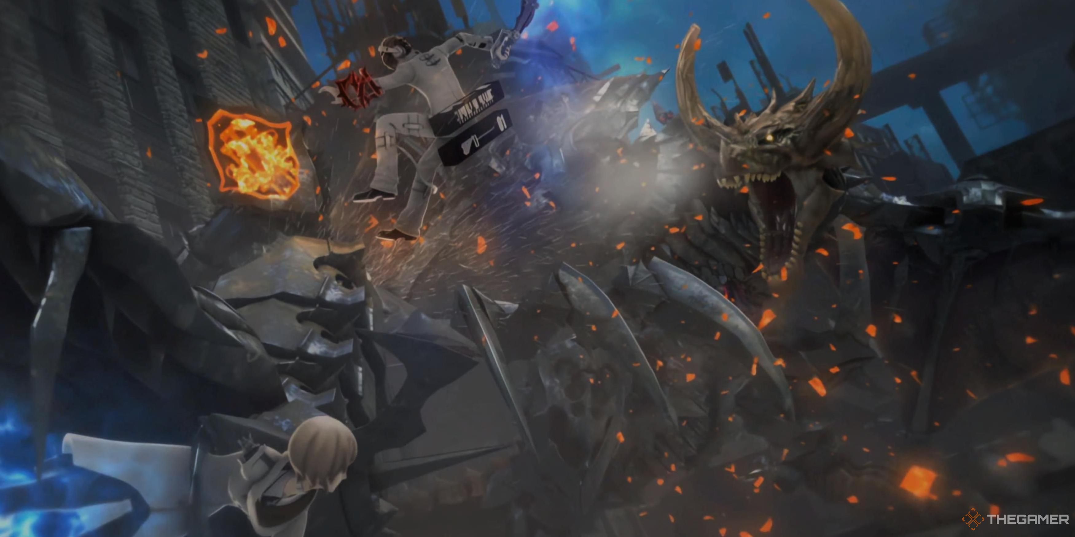 Characters fighting a giant dragon creature in Freedom Wars Remastered.