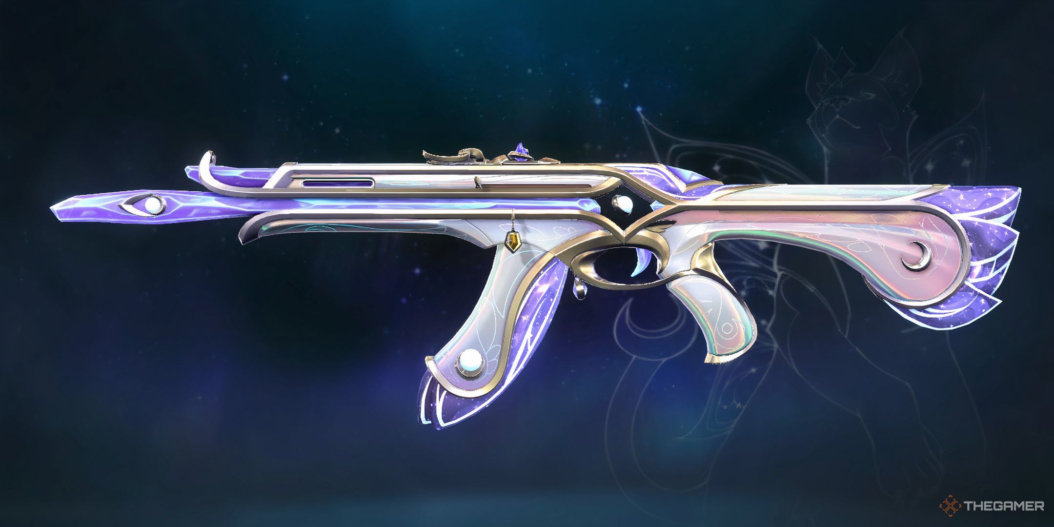 Showcasing the Evori Dreamwings Vandal skin's purple variant in Valorant's Collection menu.