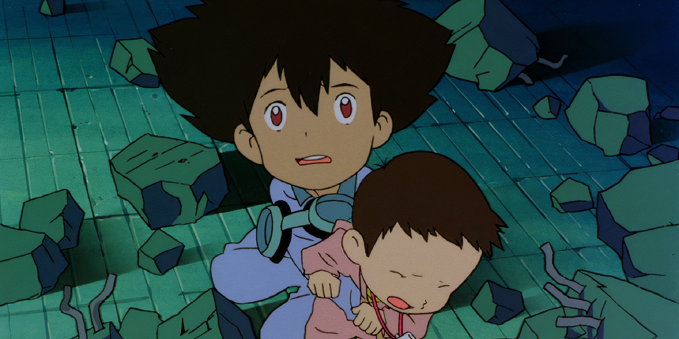 Tai Kamiya as a toddler holding Kari Kamiya as a baby from Digimon The Movie.