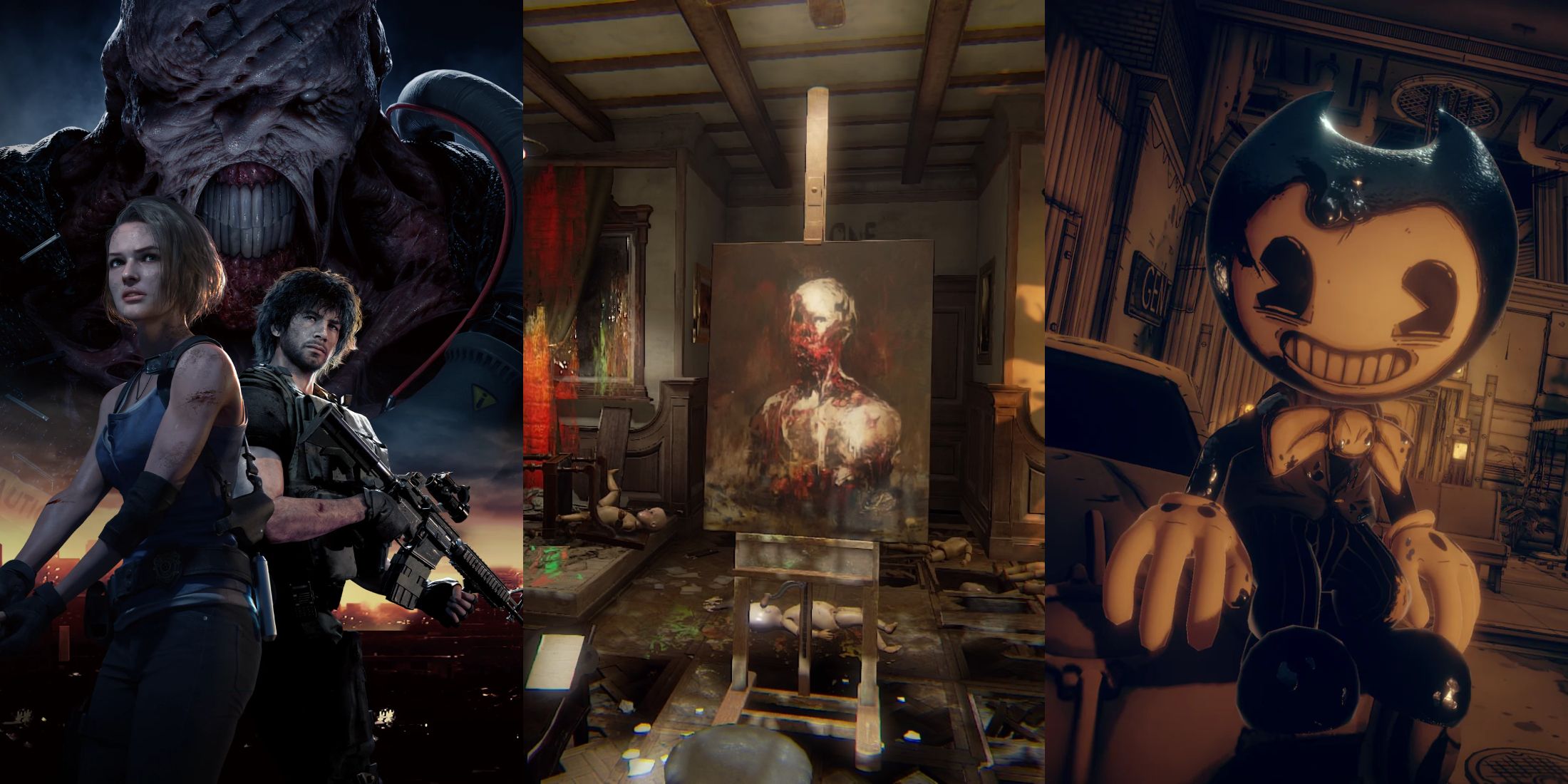 X Most Polarizing Horror Game Franchises split image featuring RE3, Layers of Fear, Bendy and the Ink Machine