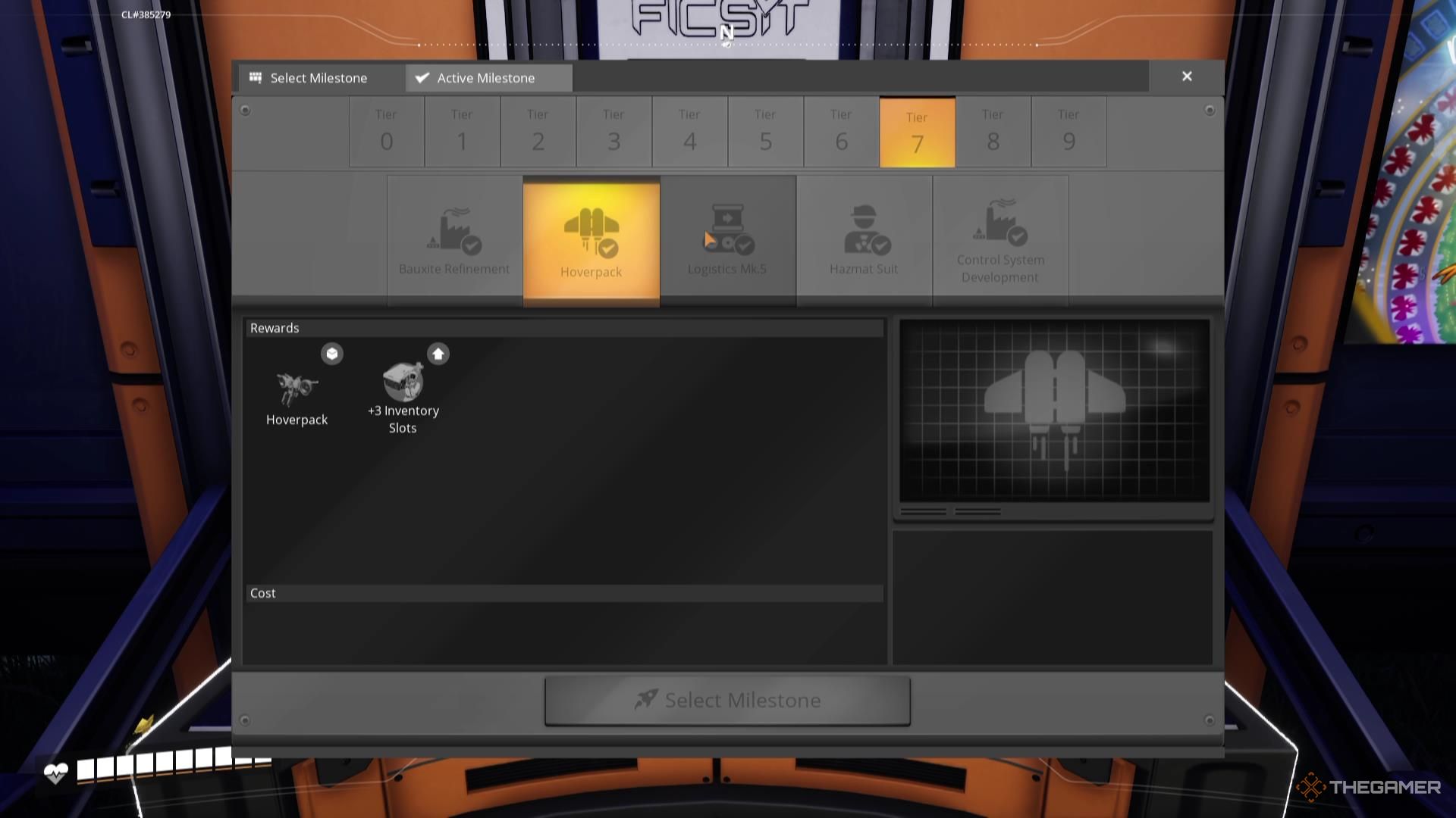 The Hoverpack in the Tier 7 Milestone menu of Satisfactory.