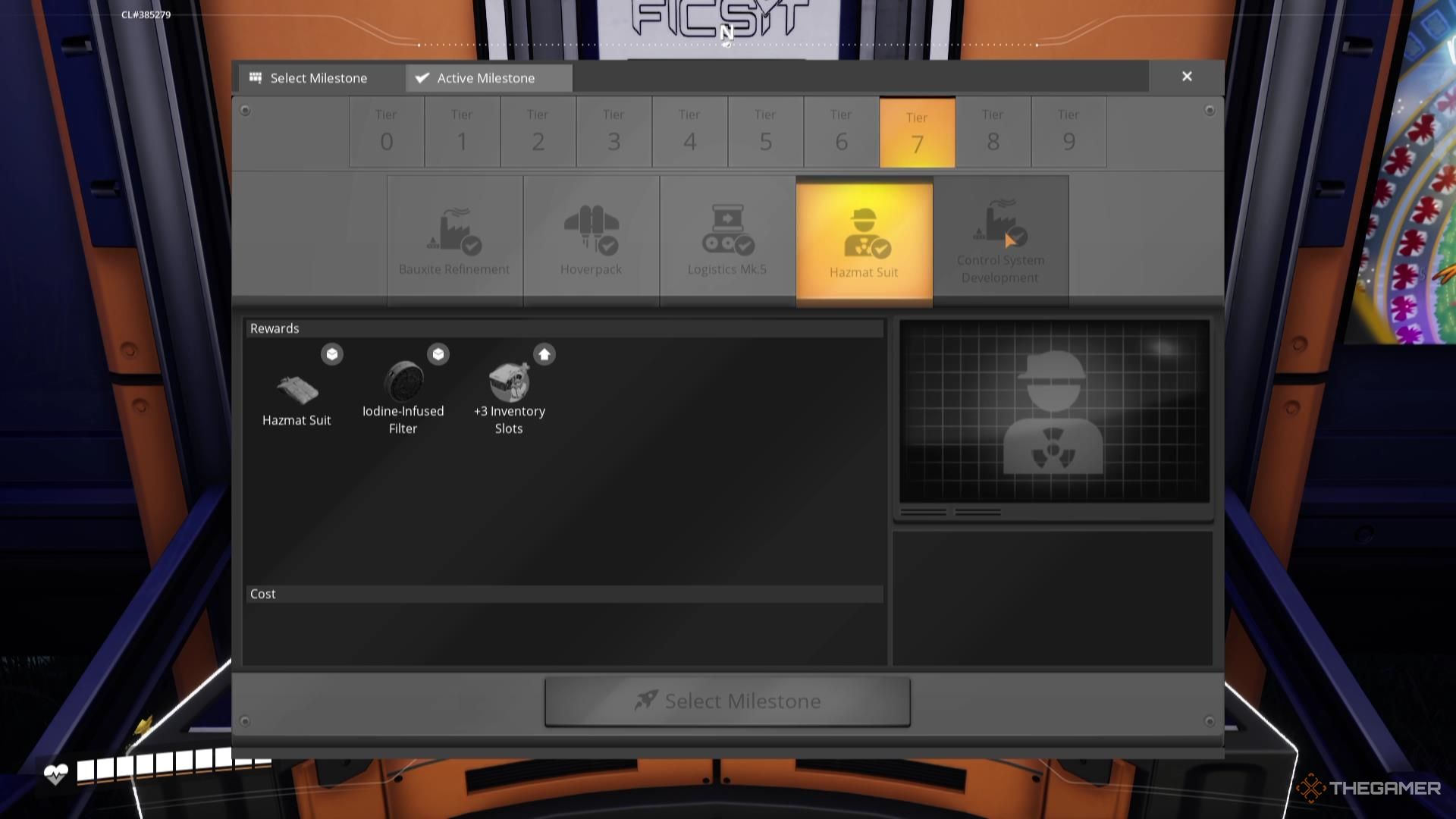 The Hazmat Suit Milestone in the Tier 7 Milestone menu of Satisfactory.