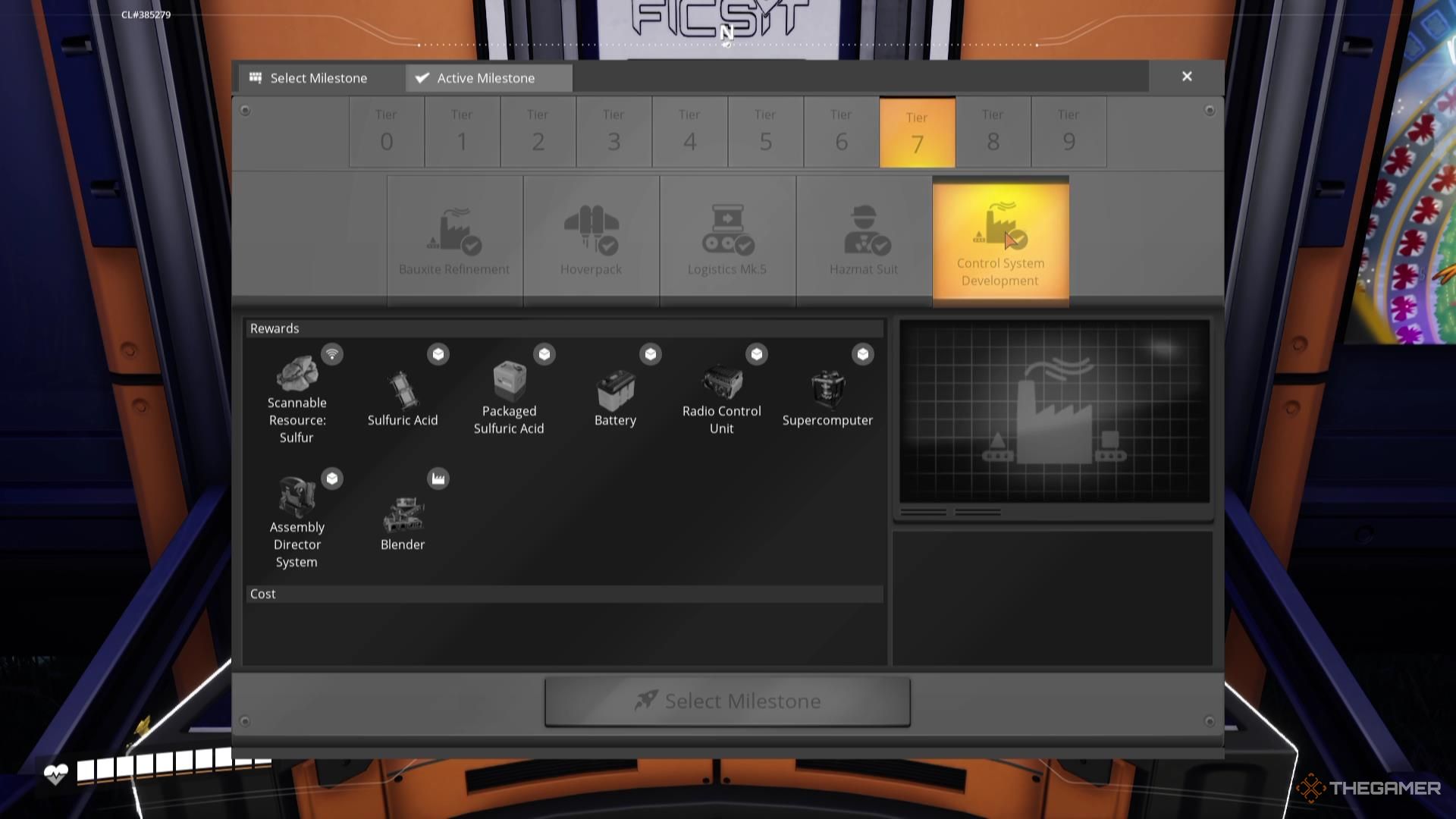 The Control System Development Milestone in the Tier 7 Milestone menu of Satisfactory.