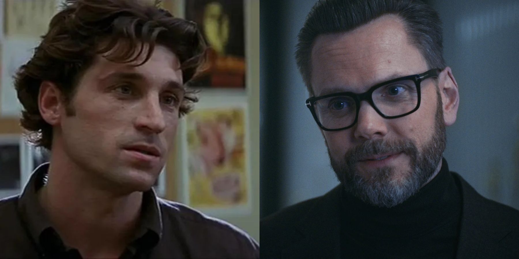 Split image of Patrick Dempsey in Scream 3 and Joel McHale on The Bear