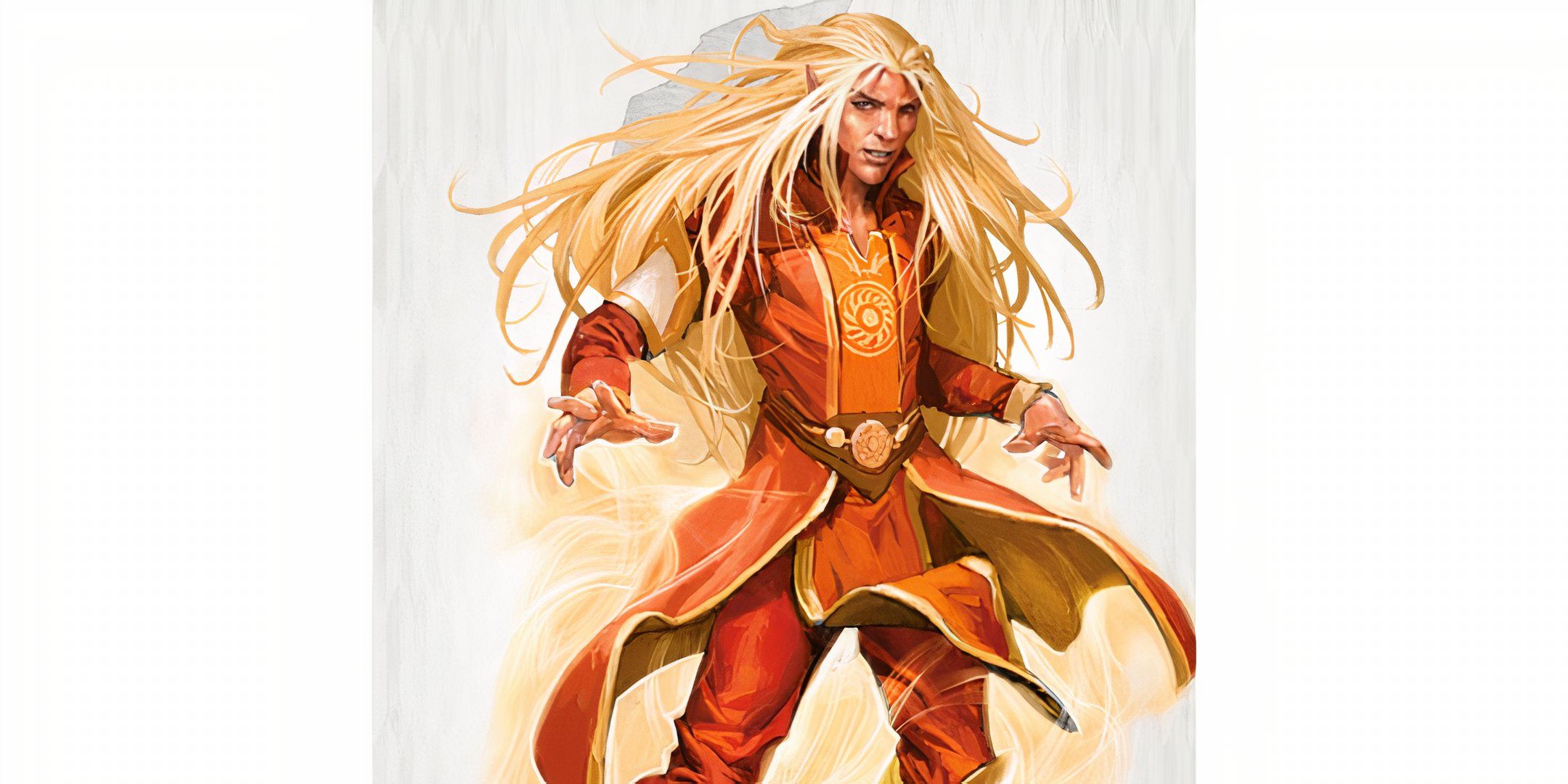 A divine soul sorcerer with golden hair floats magically in Dungeons & Dragons.