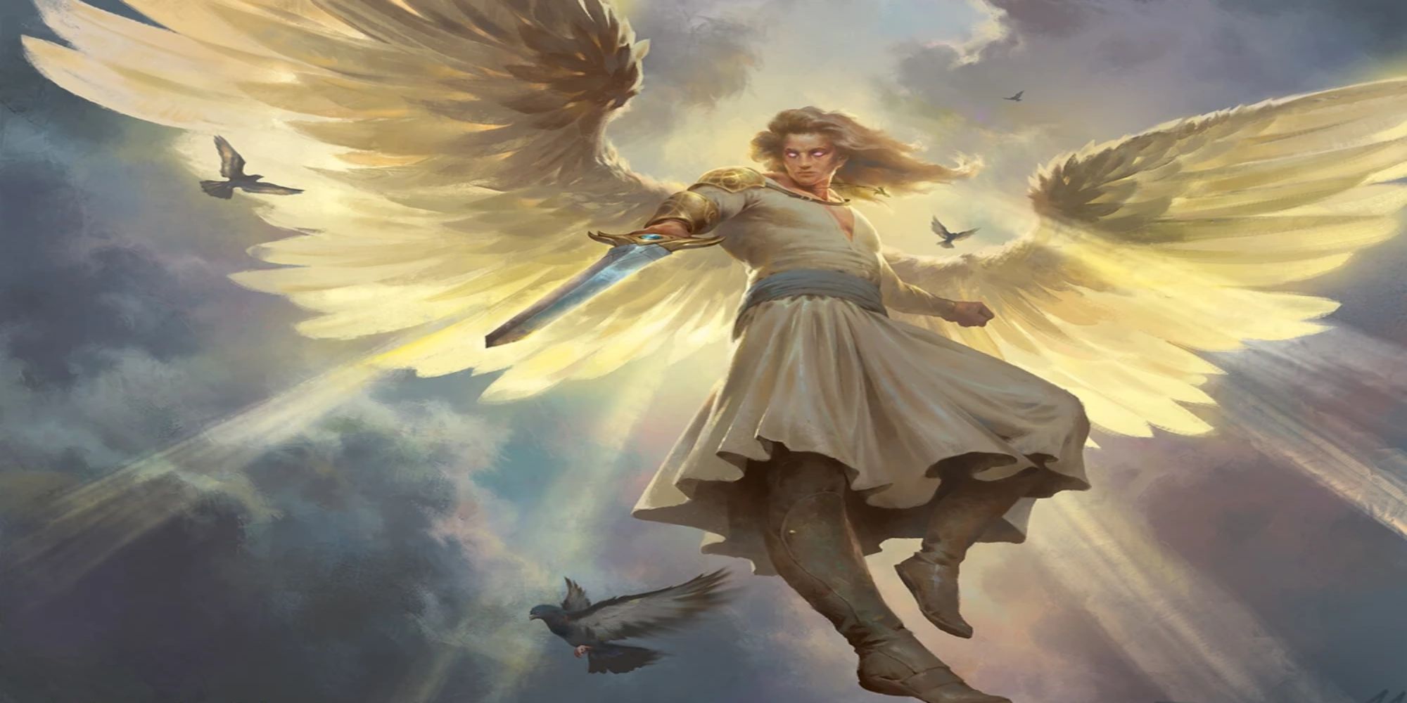 A solar angel from Dungeons & Dragons descends from the heavens.