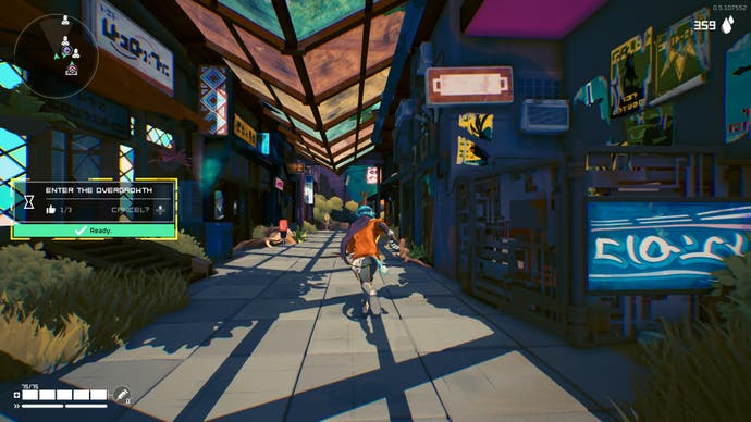 An urban alleyway in the hub in Hyper Light Breaker.