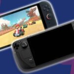 Nintendo Switch 2 with Mark Kart on screen next to Steam Deck with blue and purple backdrop