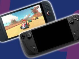 Nintendo Switch 2 with Mark Kart on screen next to Steam Deck with blue and purple backdrop