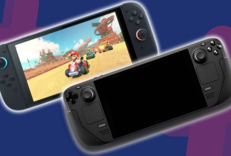 Nintendo Switch 2 with Mark Kart on screen next to Steam Deck with blue and purple backdrop