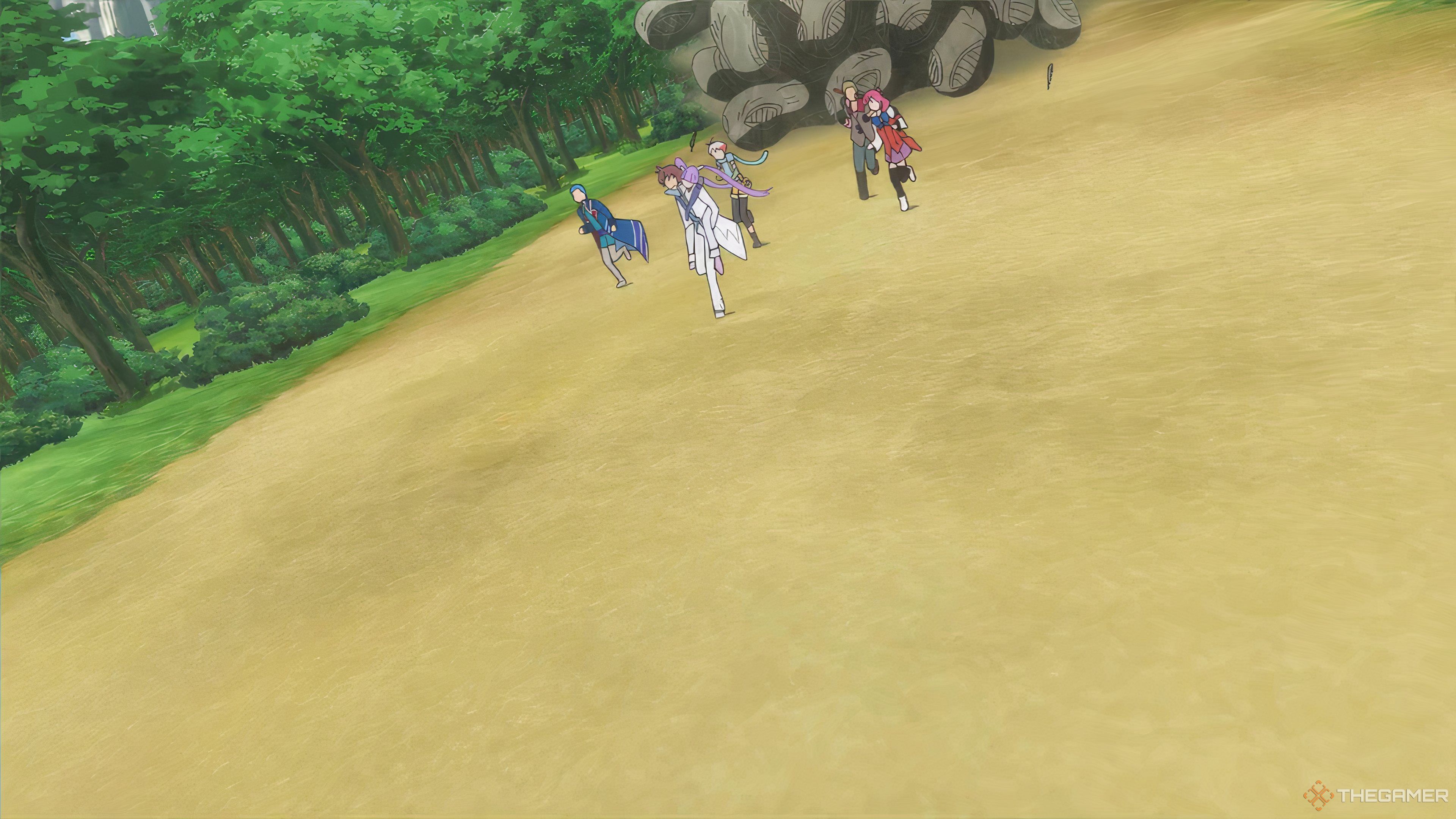 The cast of Tales of Graces f Remastered running from the Rockgagong in an anime cutscene