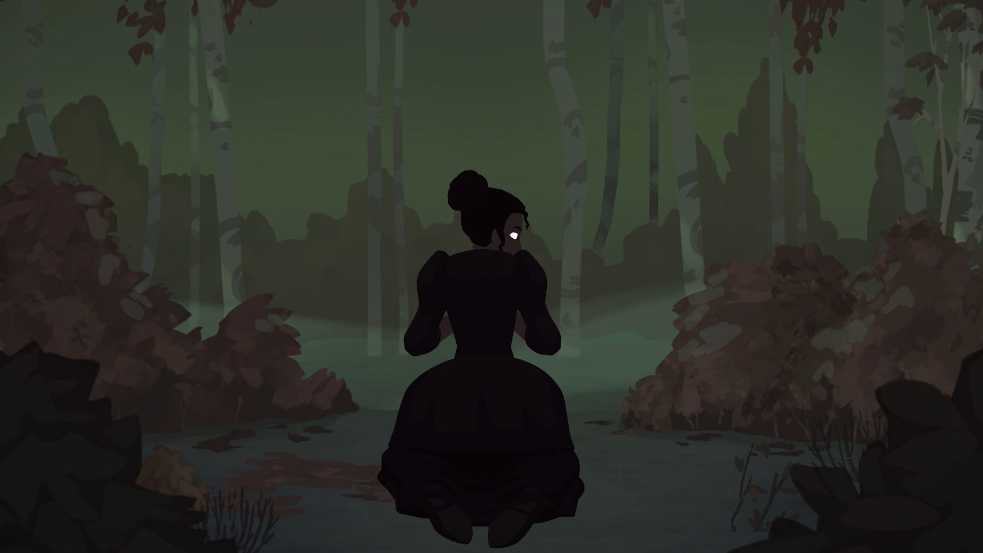 Liza in the woods during the trailer for the new vampire RPG Cabernet.