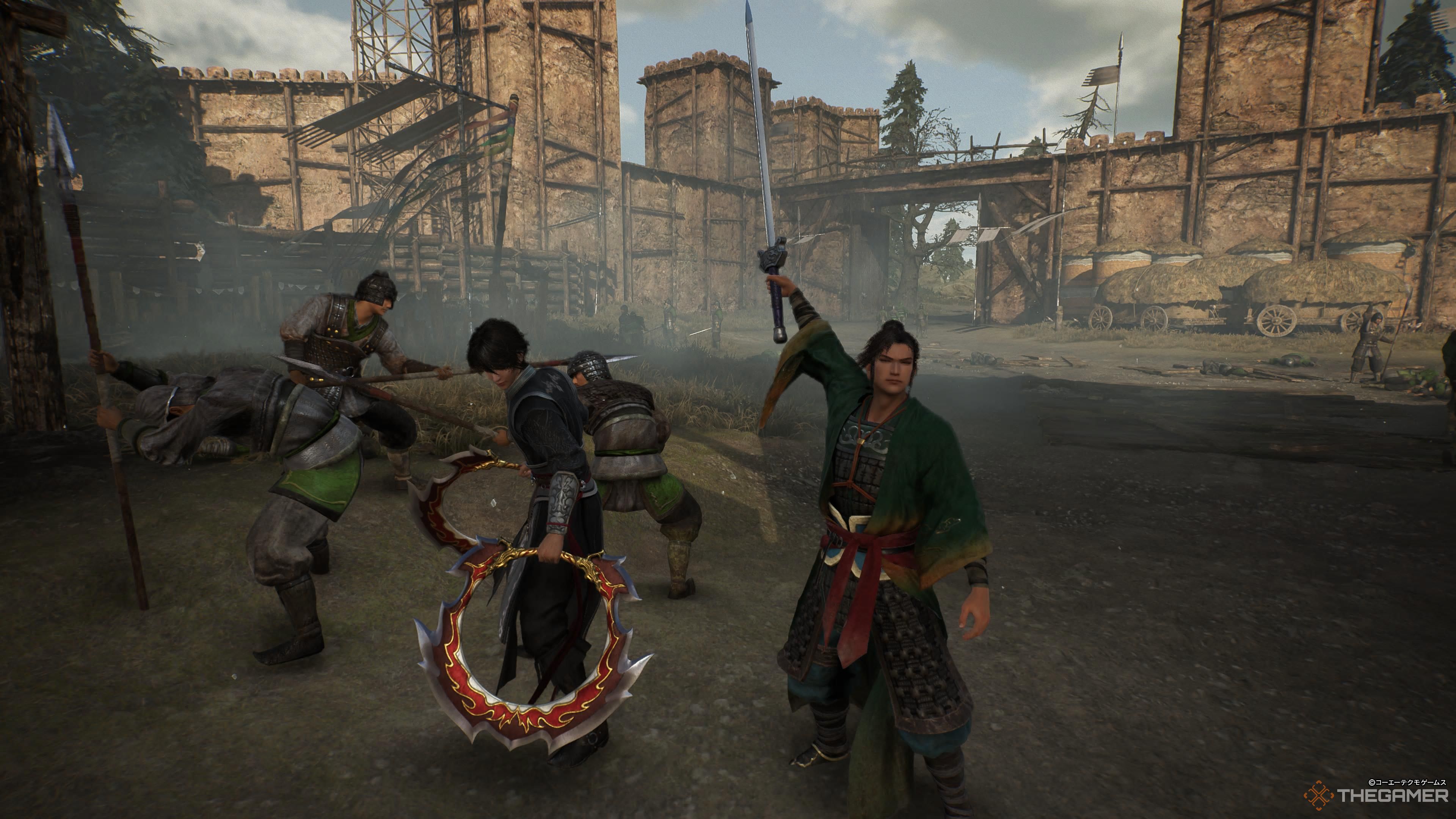 liu bei raises his sword with ziluan standing nearby after winning a battle in dynasty warriors: origins.