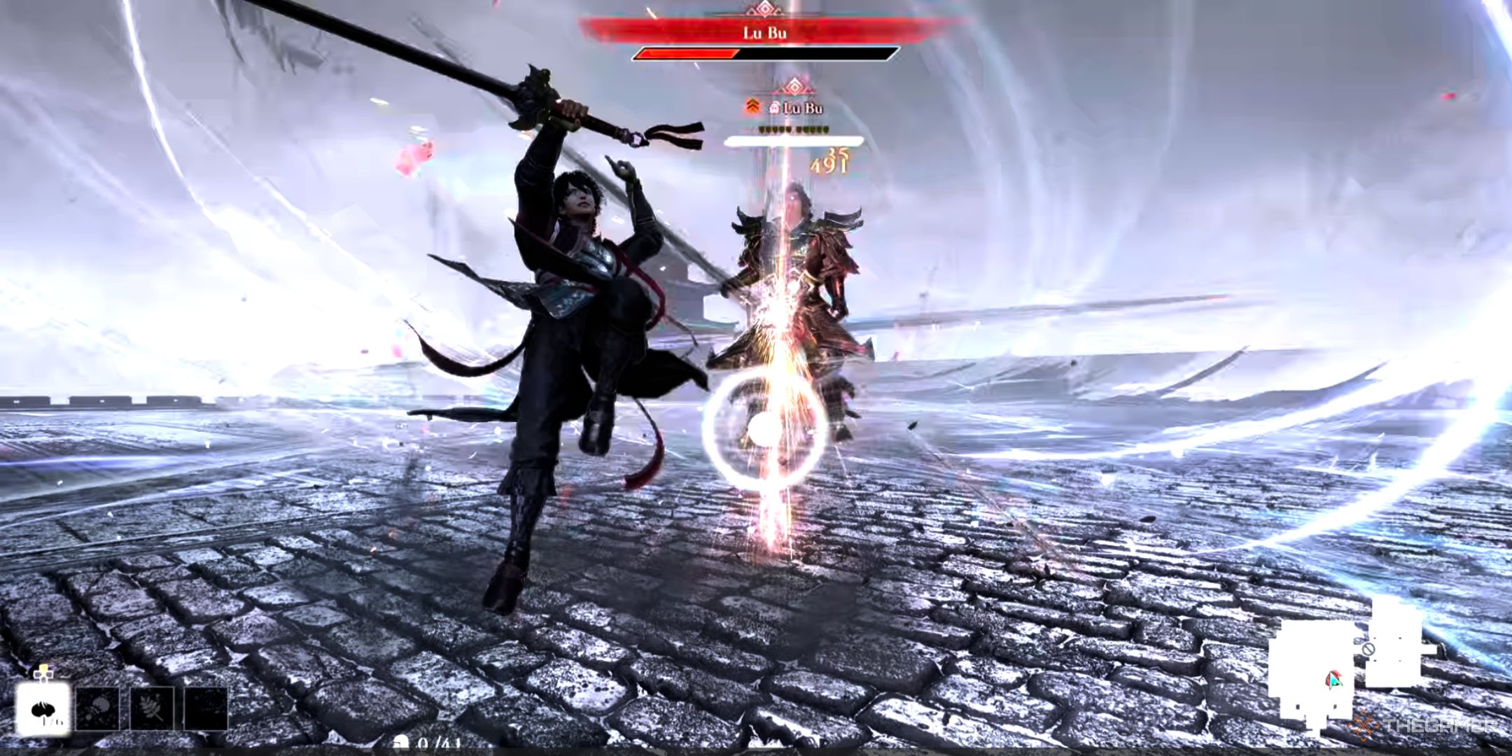 ziluan gets an aerial combo against lu bu in dynasty warriors: origins.