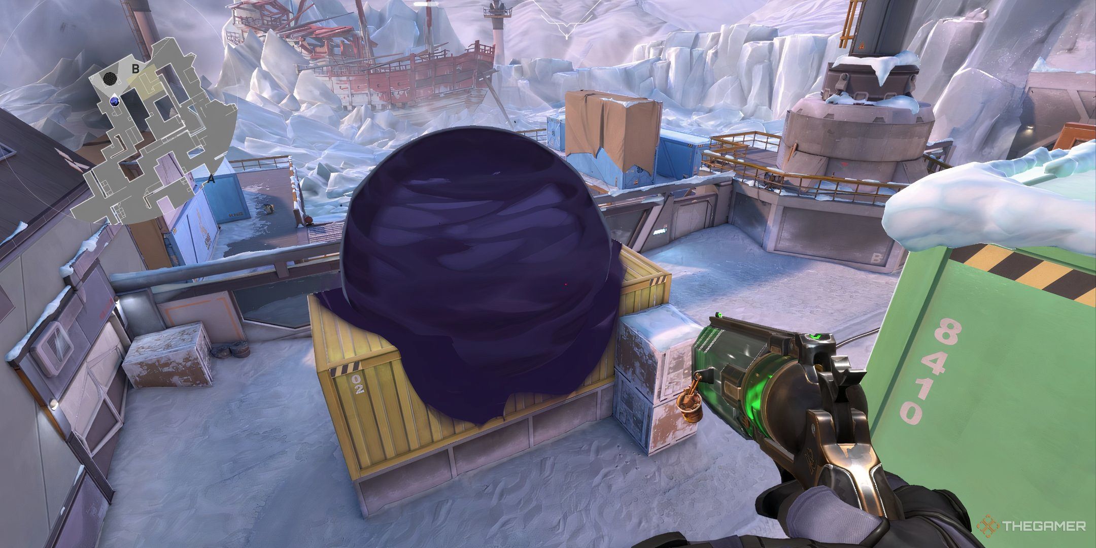 Omen's smoke atop a yellow box in Valorant's Icebox map.