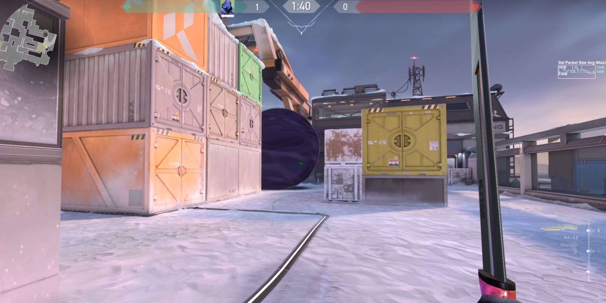 Omen's smoke beside two white containers near B Site in Valorant's Icebox map.