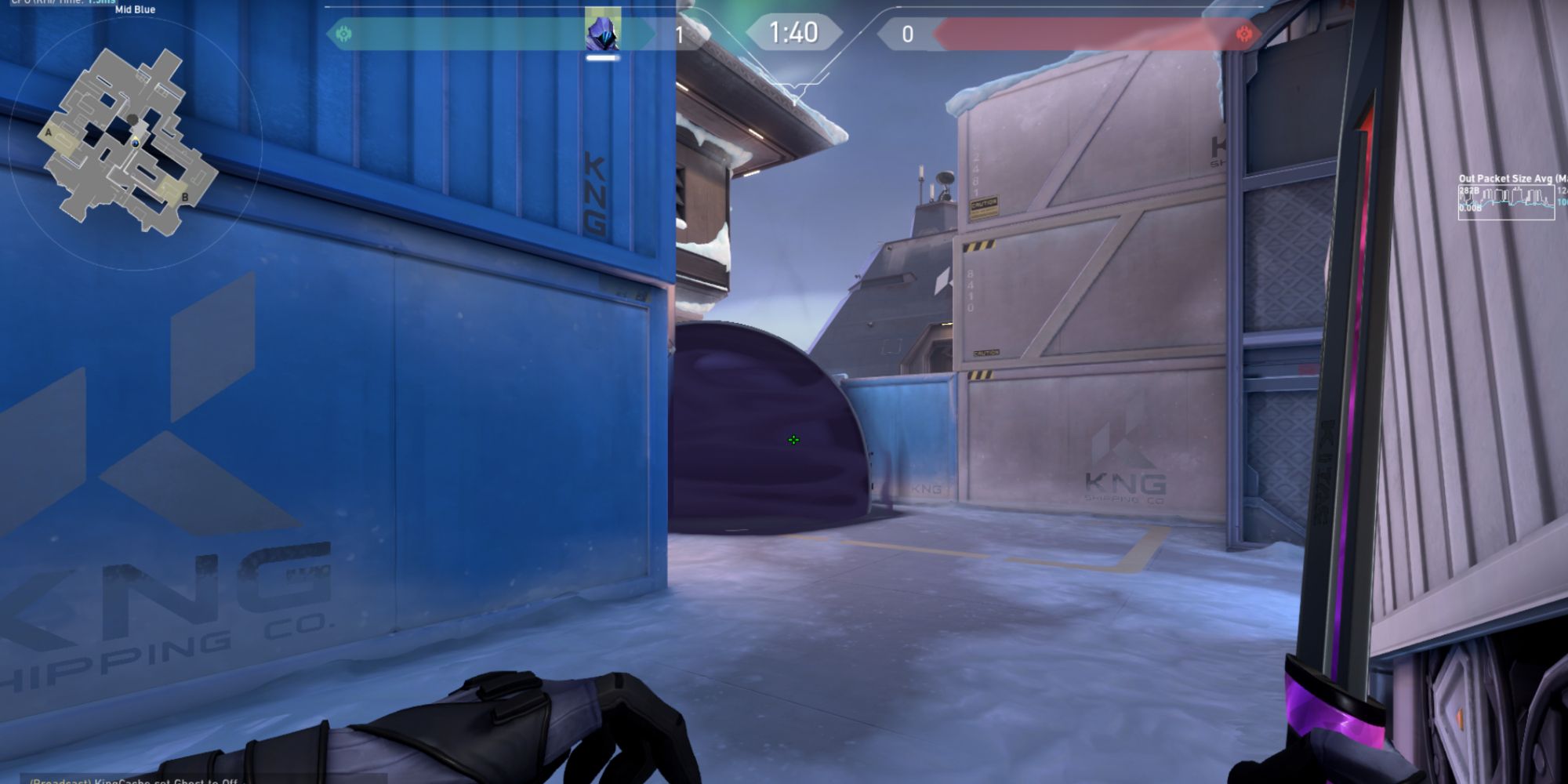 Omen's smoke between two blue containers in Valorant's Icebox map.