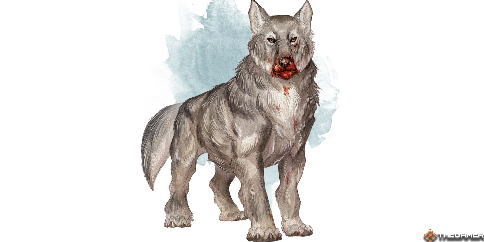 A dire wolf with blood on its face from Dungeons & Dragons.