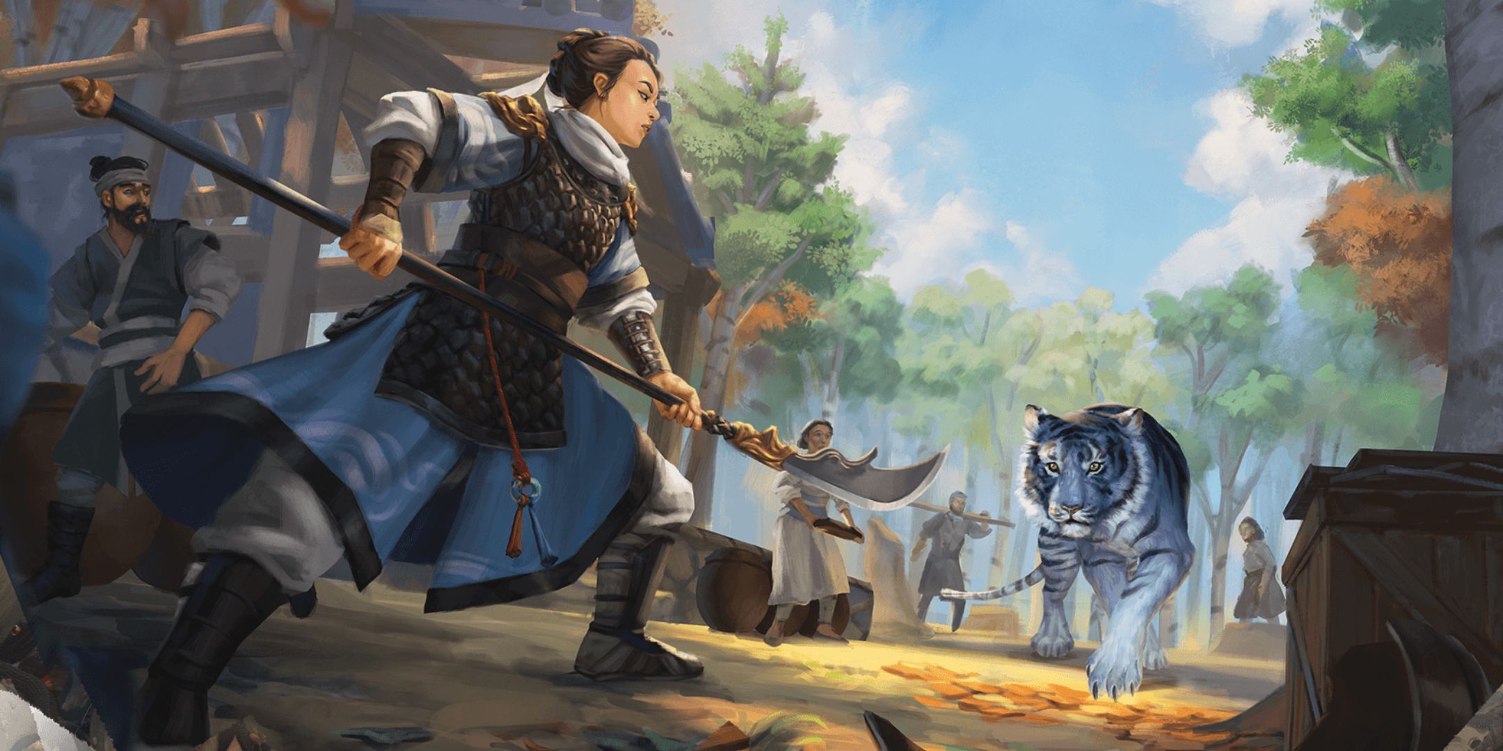 Warrior with a Glaive Faces Off Against A Tiger in a Village