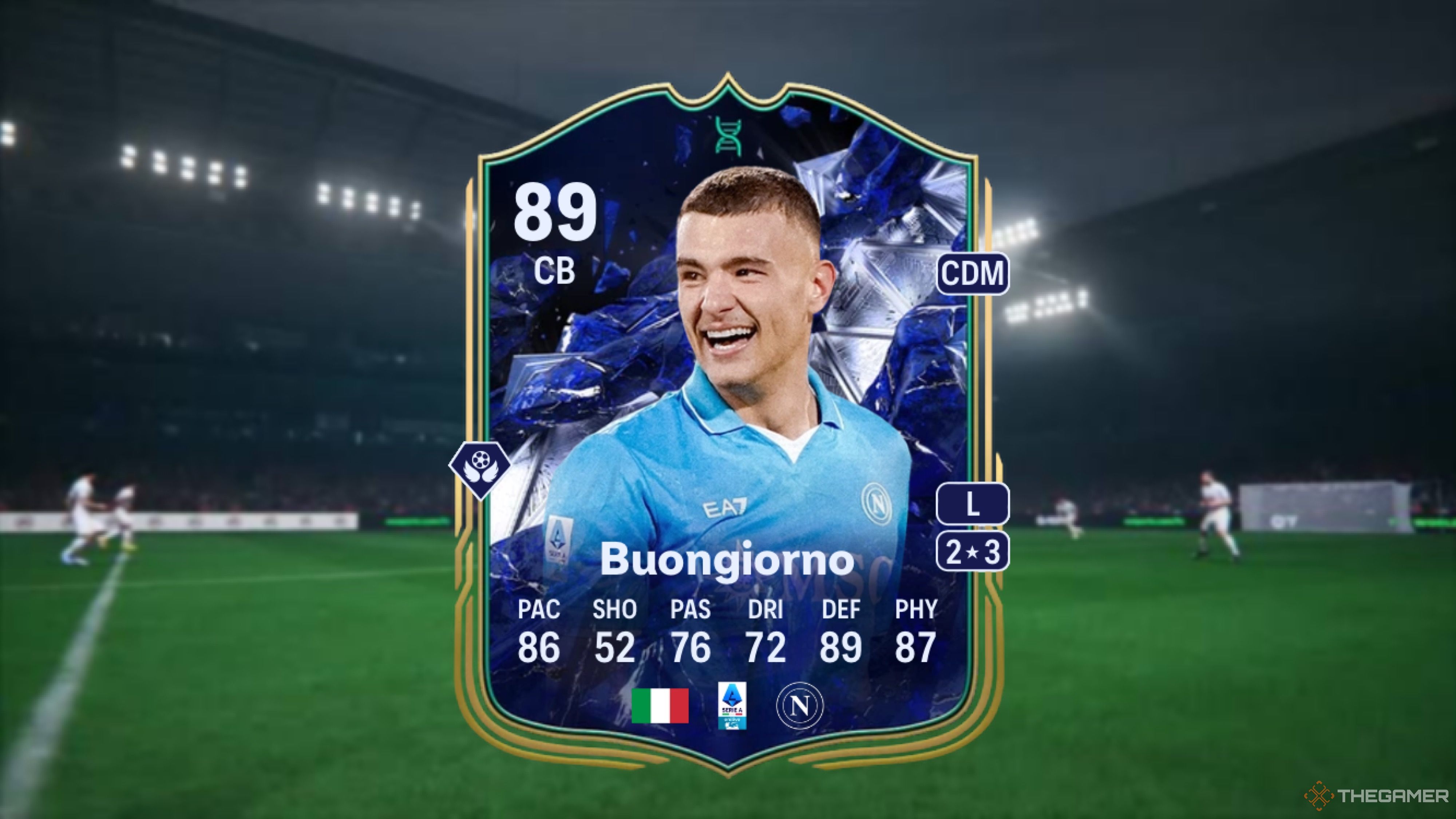 Image showing Buongiorno card against a faded stadium background.