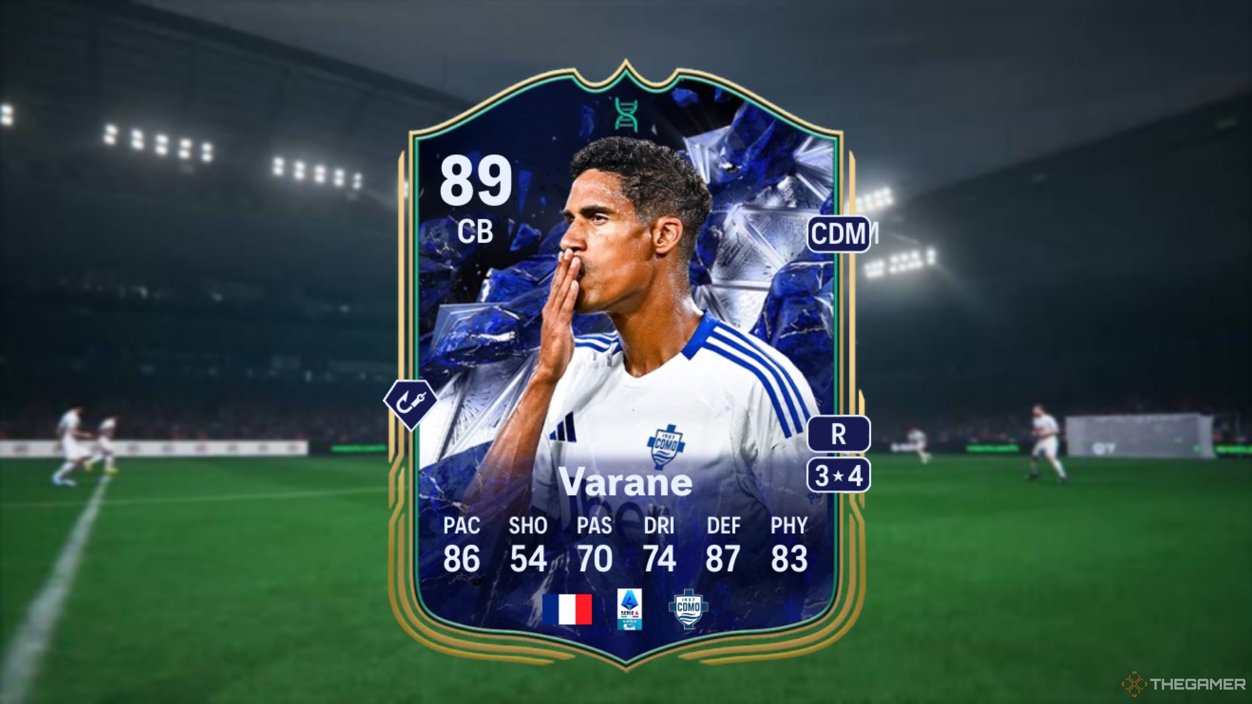 Image showing Varane card against a faded stadium background.