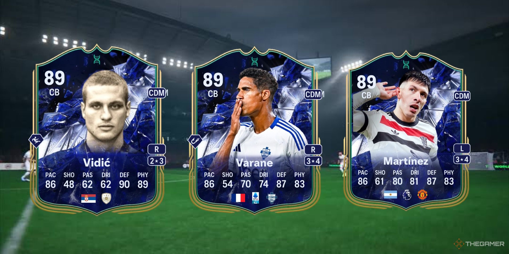 Image showing Vidić, Varane, and Martínez card against a faded pitch background.