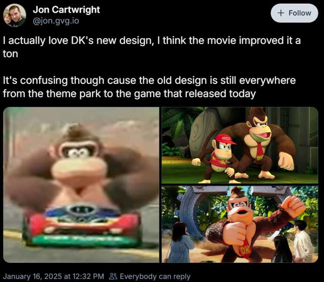 A Bluesky post reads "I actually love DK's new design, I think the movie improved it a ton. It's confusing thoug hcause the old design is still everywhere from the theme park to the game that released today."