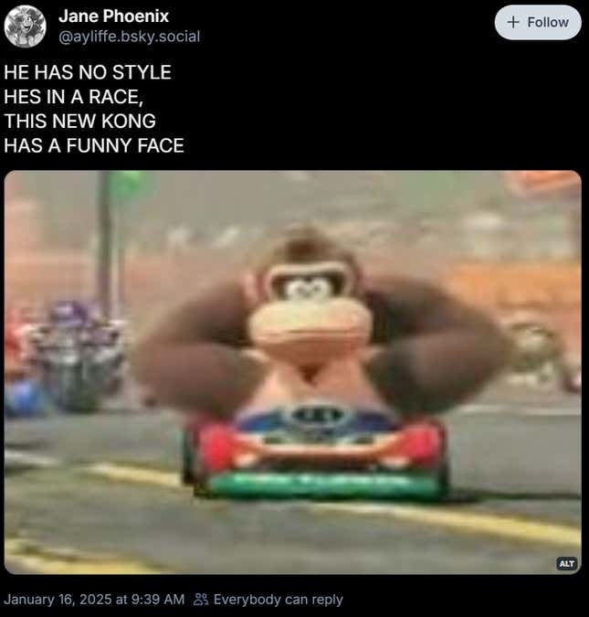 A Bluesky post reads "HE HAS NO STYLE HES IN A RACE, THIS NEW KONG HAS A FUNNY FACE"