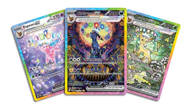 Three of the most expensive Eeveelutions in the set, Espeon, Umbreon and Leafeon.