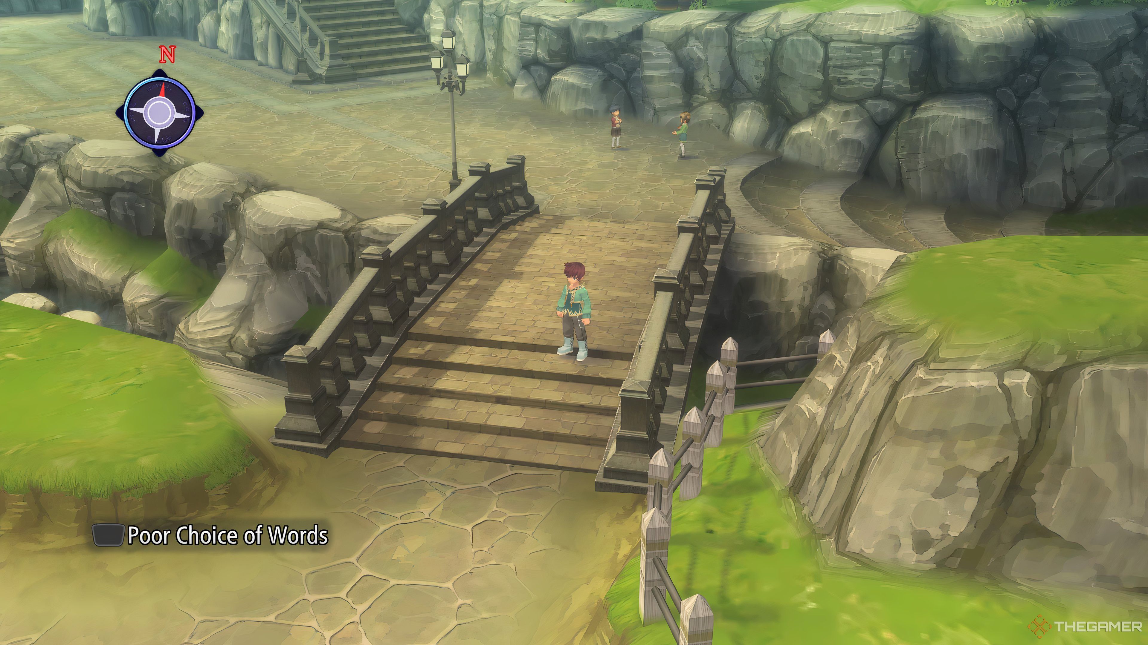 Young Asbel standing on a bridge in Lhant and there's a skit pop up in the corner in Tales Of Graces F Remastered.